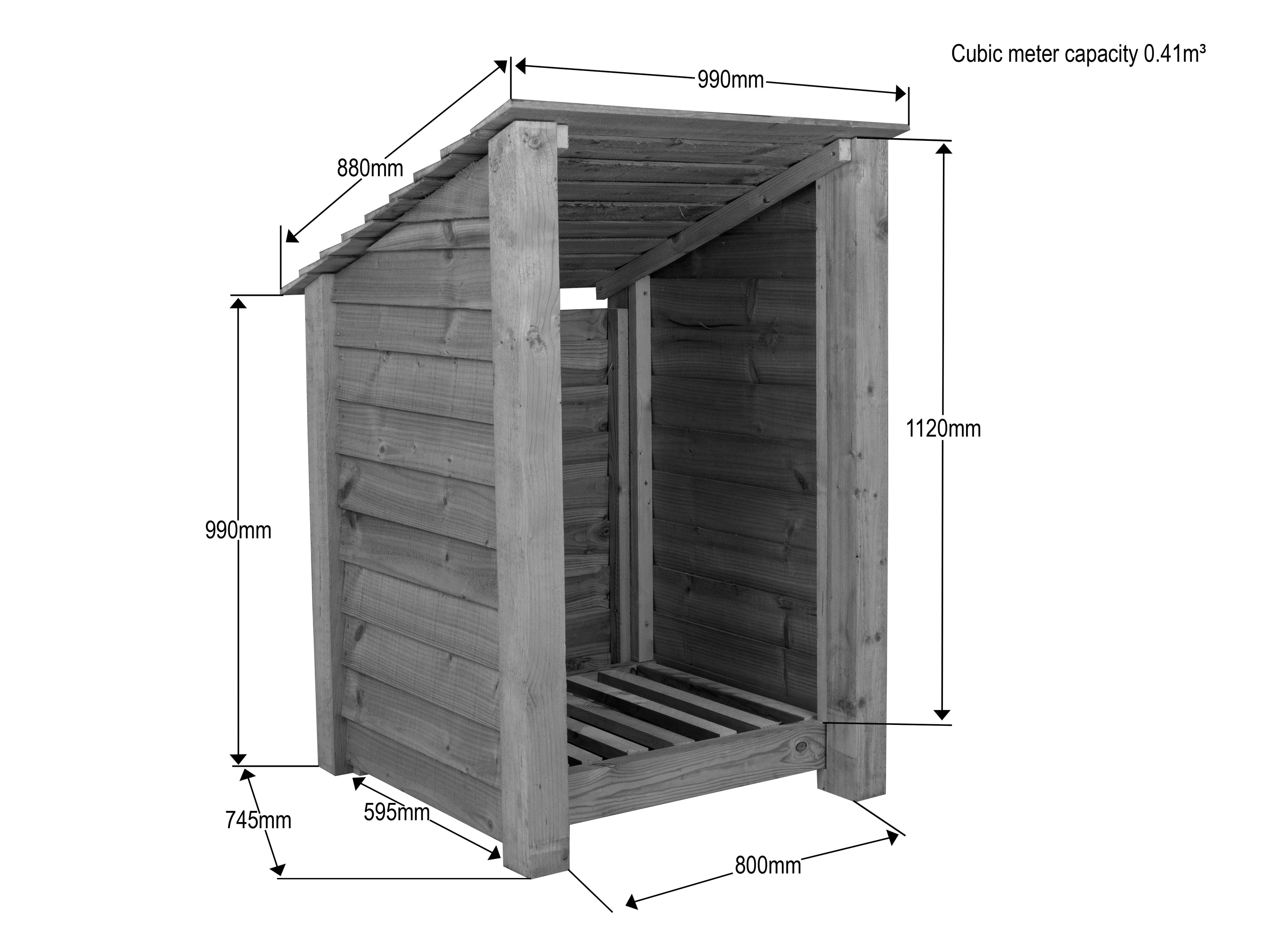 Wooden Log Store (Roof Sloping Back) W-99cm, H-126cm Or 180cm, D-88cm - Brown Finish