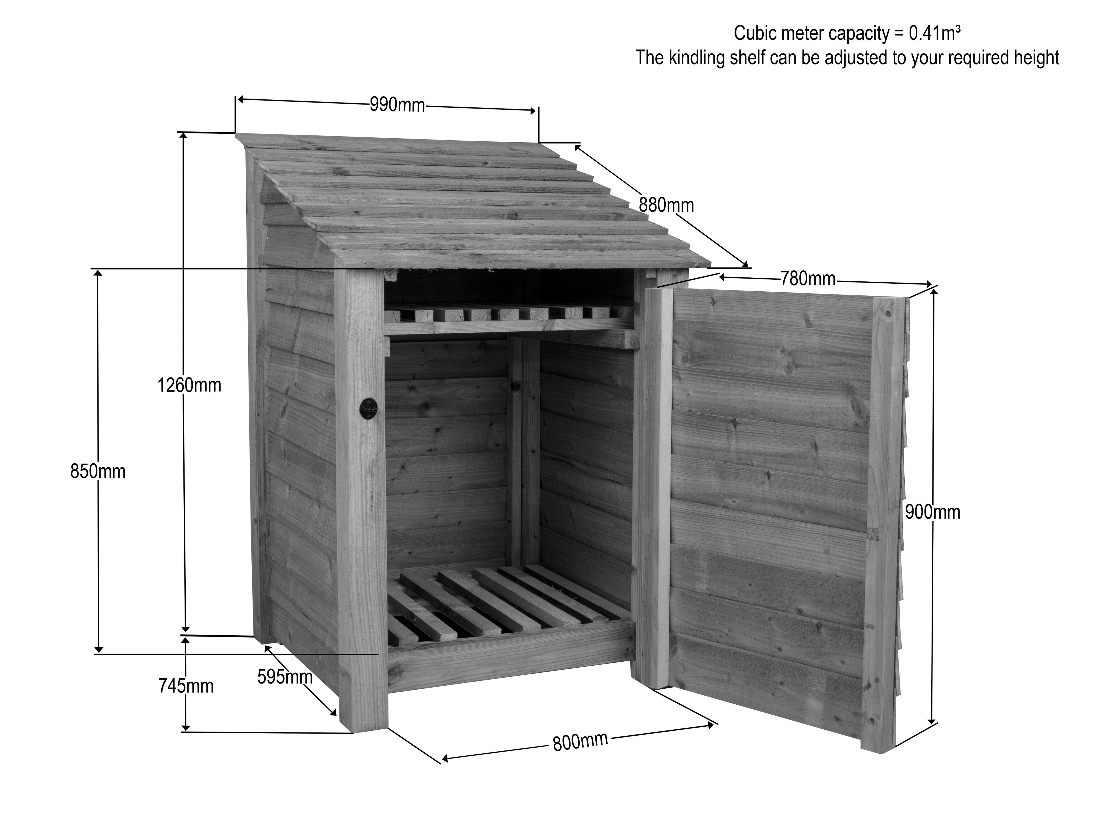 Wooden Log Store with Door and Shelf W-99cm, H-126cm Or 180cm, D-88cm