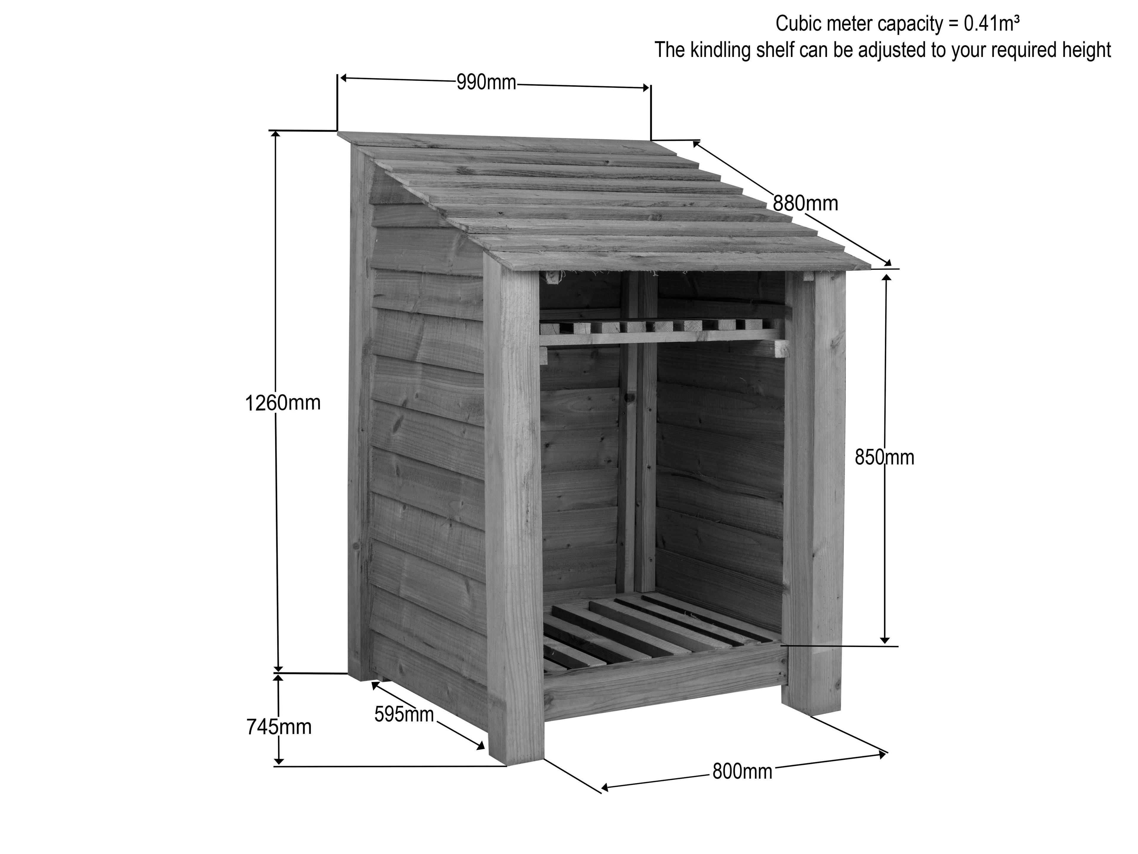 Wooden Log Store with Shelf W-99cm, H-126cm Or 180cm, D-88cm