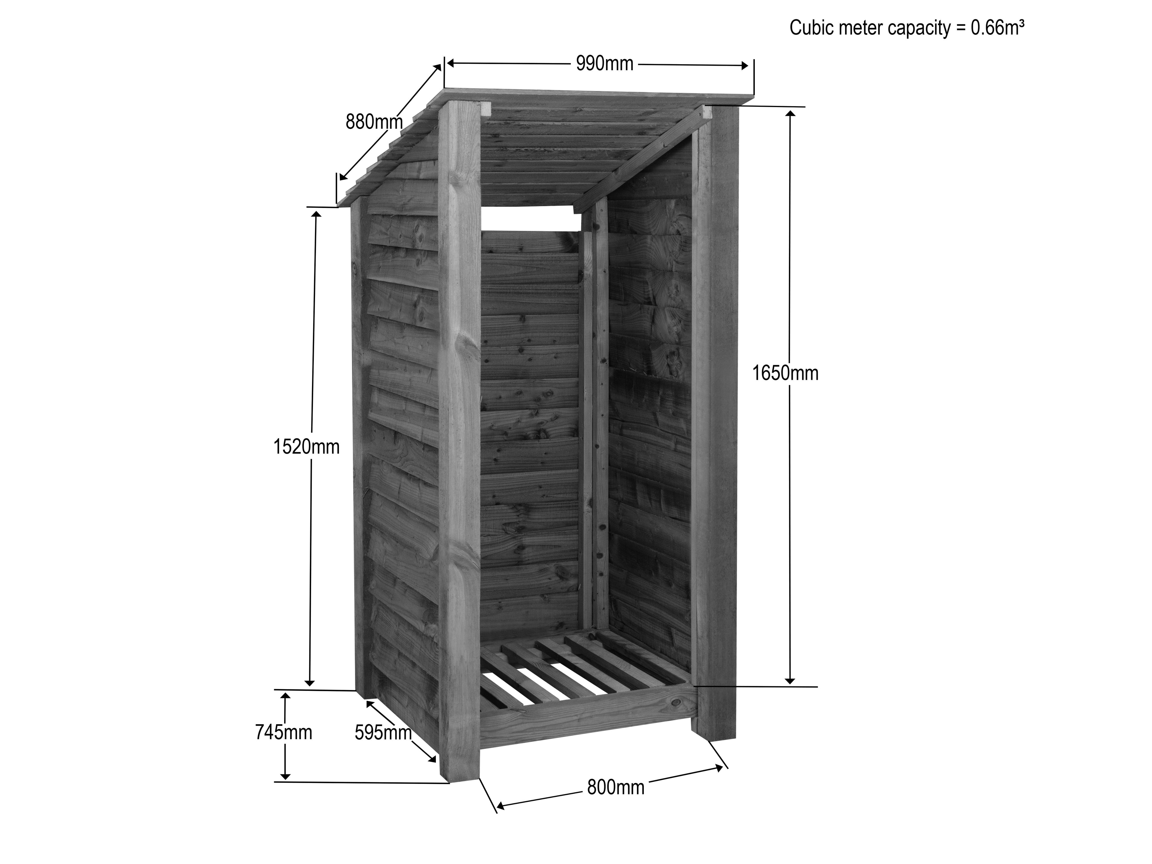 Wooden Log Store (Roof Sloping Back) W-99cm, H-126cm Or 180cm, D-88cm - Brown Finish