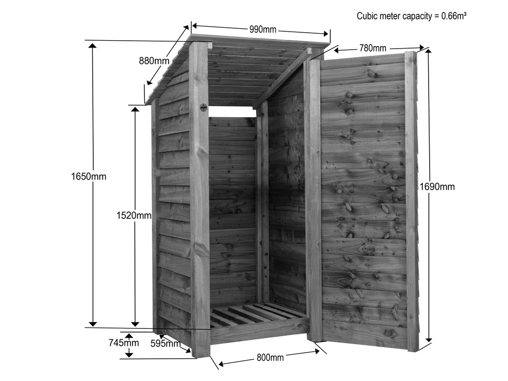 Wooden Garden Tool Storage (Roof Sloping Back) W-99cm, H-126cm or 180cm, D-88cm - Brown Finish