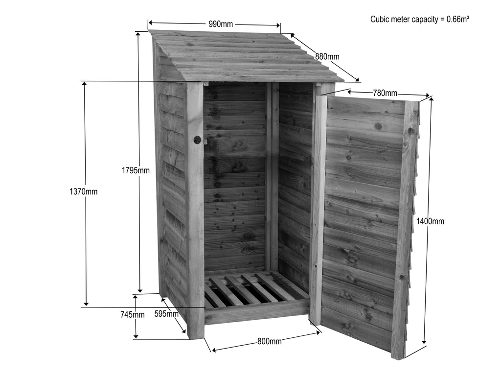 Wooden Premium Tongue/Groove Log Store with Door (W-99cm, H-126cm or H-180cm, D-88cm)