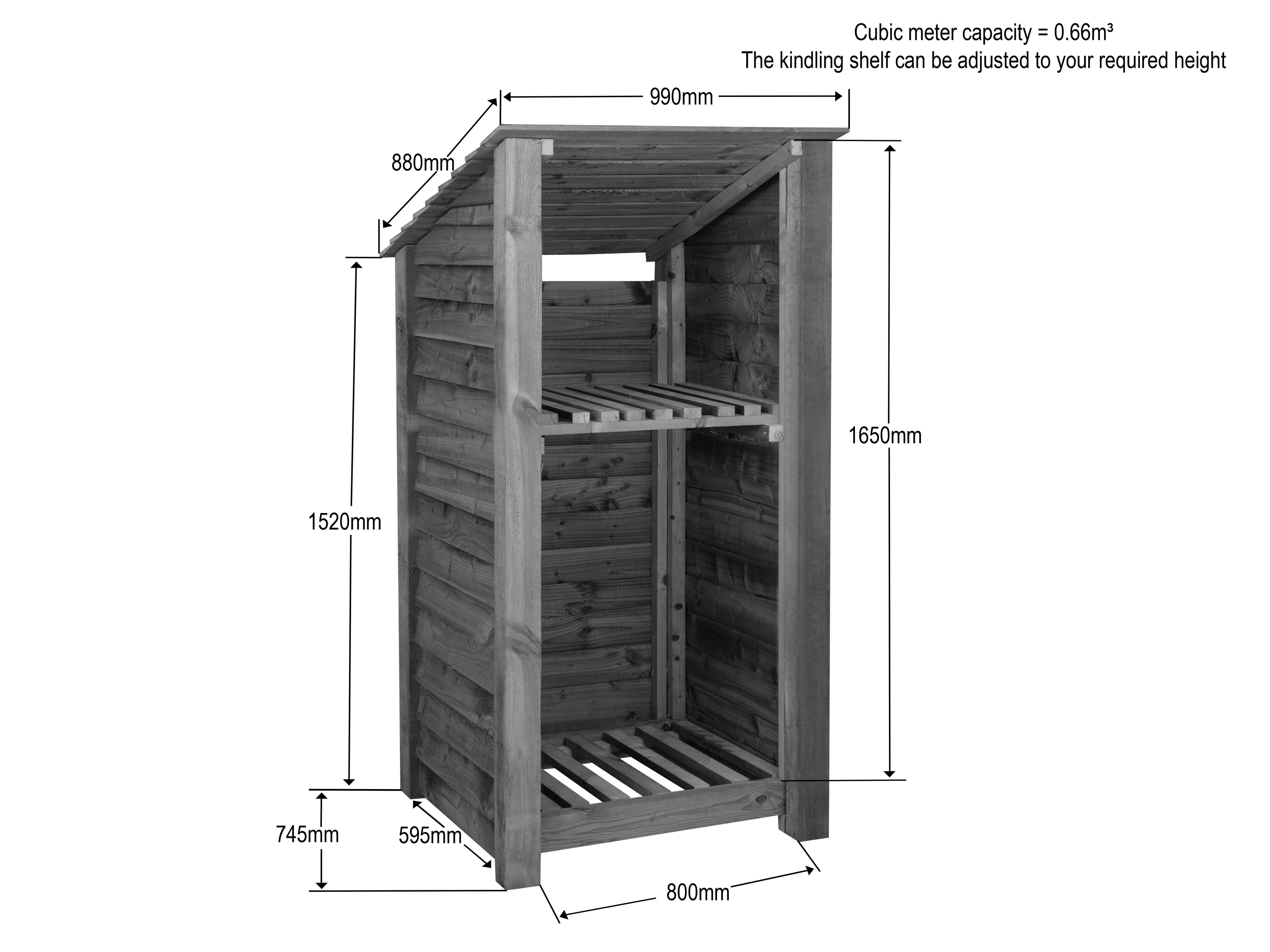 Wooden Log Store with Shelf (Roof Sloping Back) W-99cm, H-126cm Or 180cm, D-88cm - Brown Finish