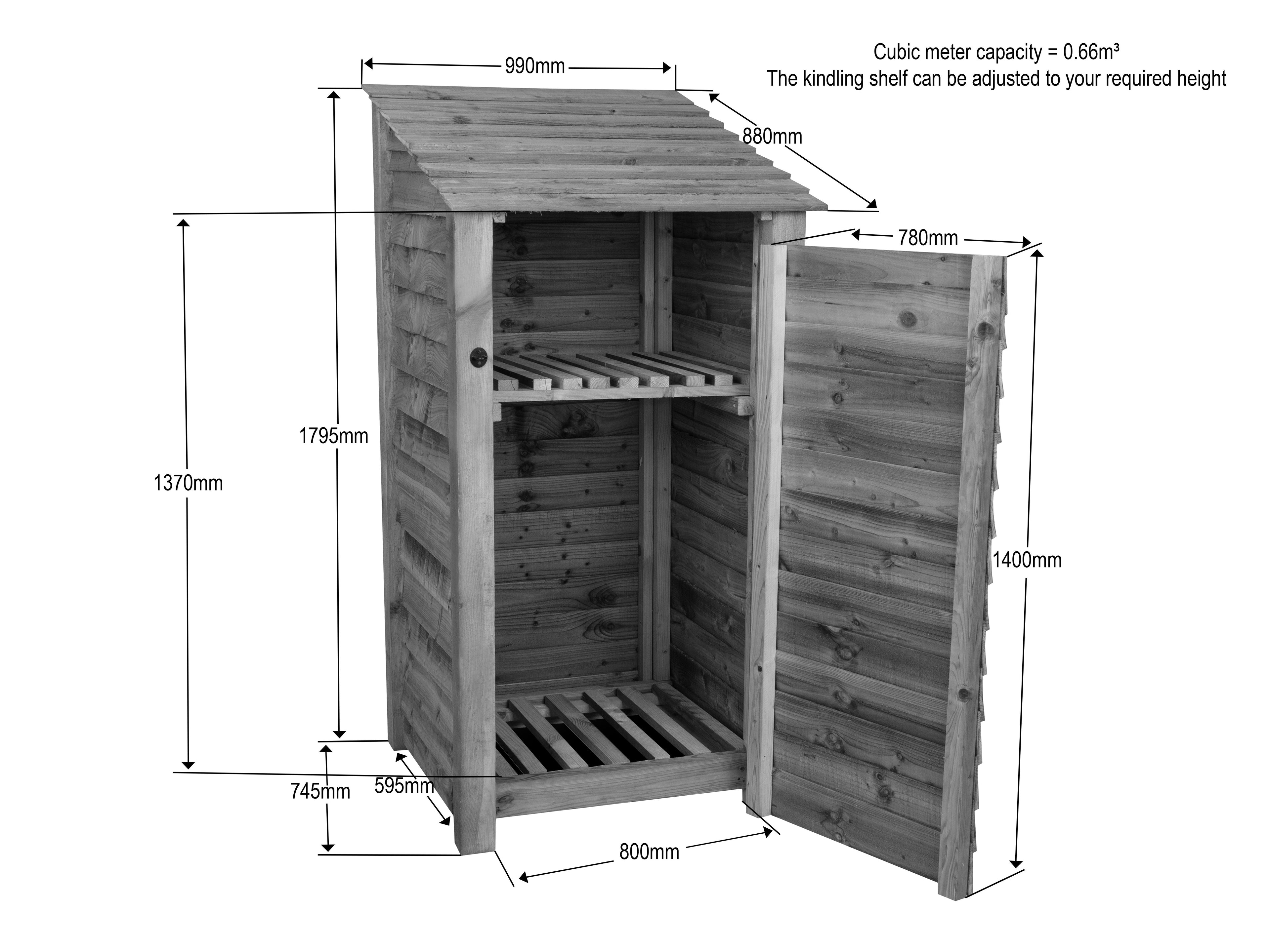 Wooden Log Store with Door and Shelf W-99cm, H-126cm Or 180cm, D-88cm