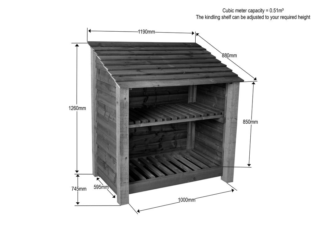 Wooden Log Store with Shelf W-119cm, H-126cm Or 180cm, D-88cm