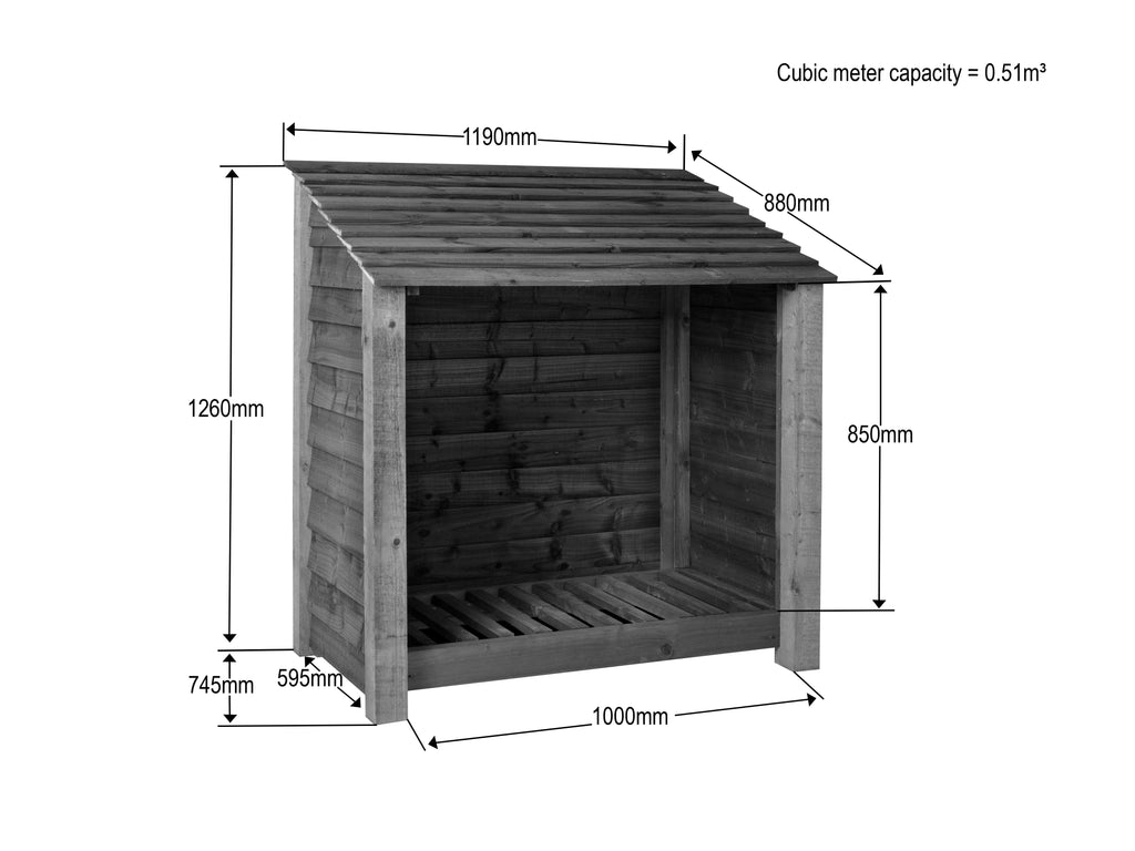 Slatted Wooden Log Store  W-119cm, H-126cm or 180cm, D-88cm - Brown Finish