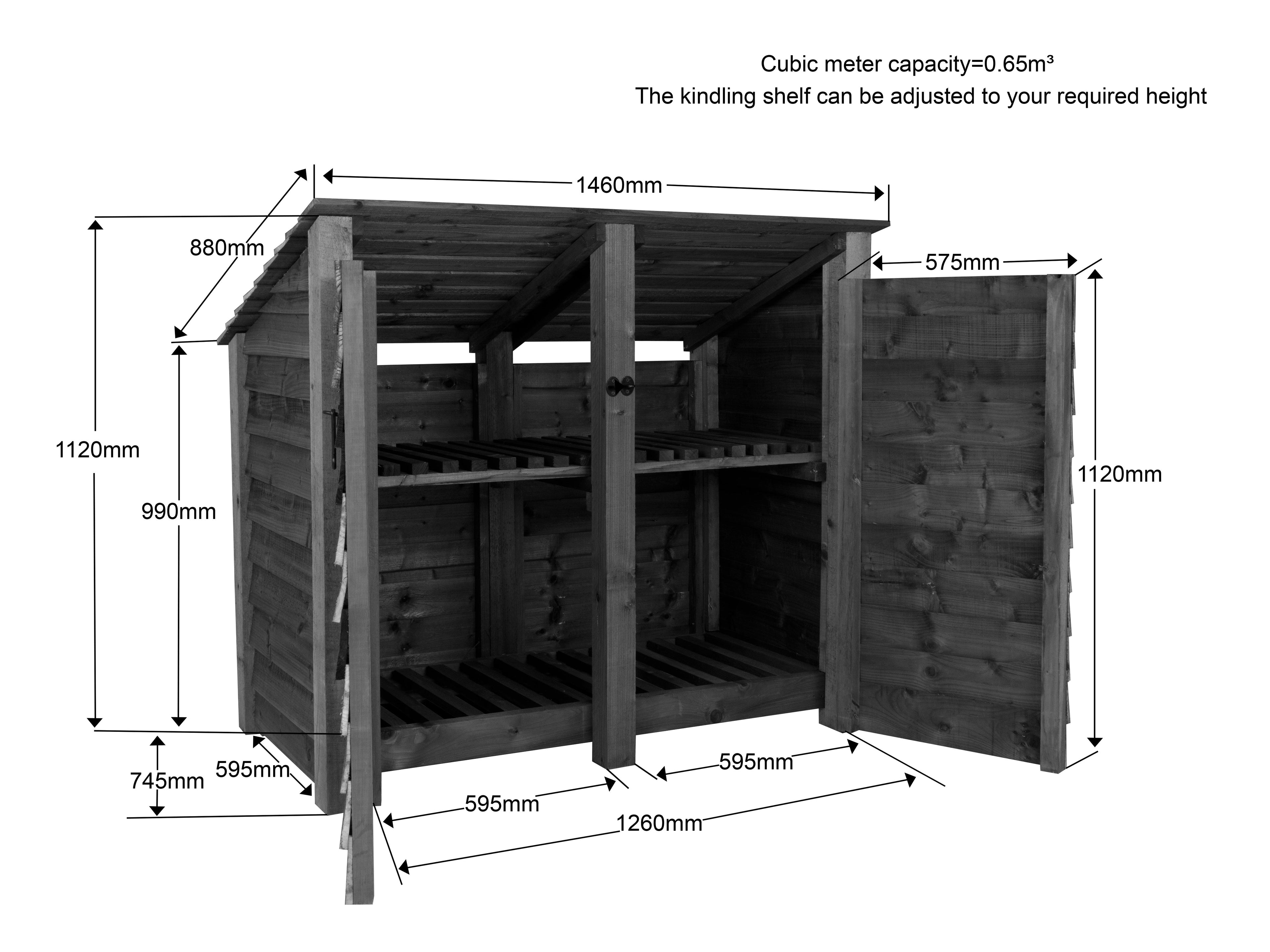 Wooden Log Store (Roof Sloping Back) with Door and Shelf W-146cm, H-126cm or 180cm, D-88cm