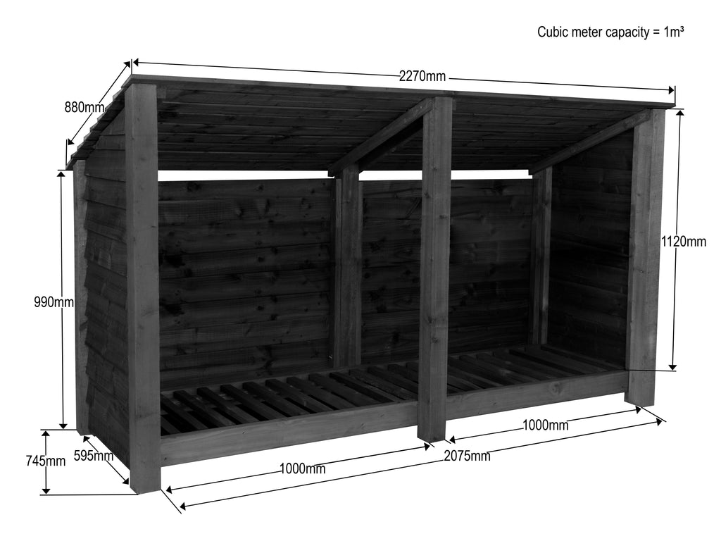 Wooden Log Store (Roof Sloping Back) W-227cm, H-126cm or 180cm, D-88cm - Brown Finish