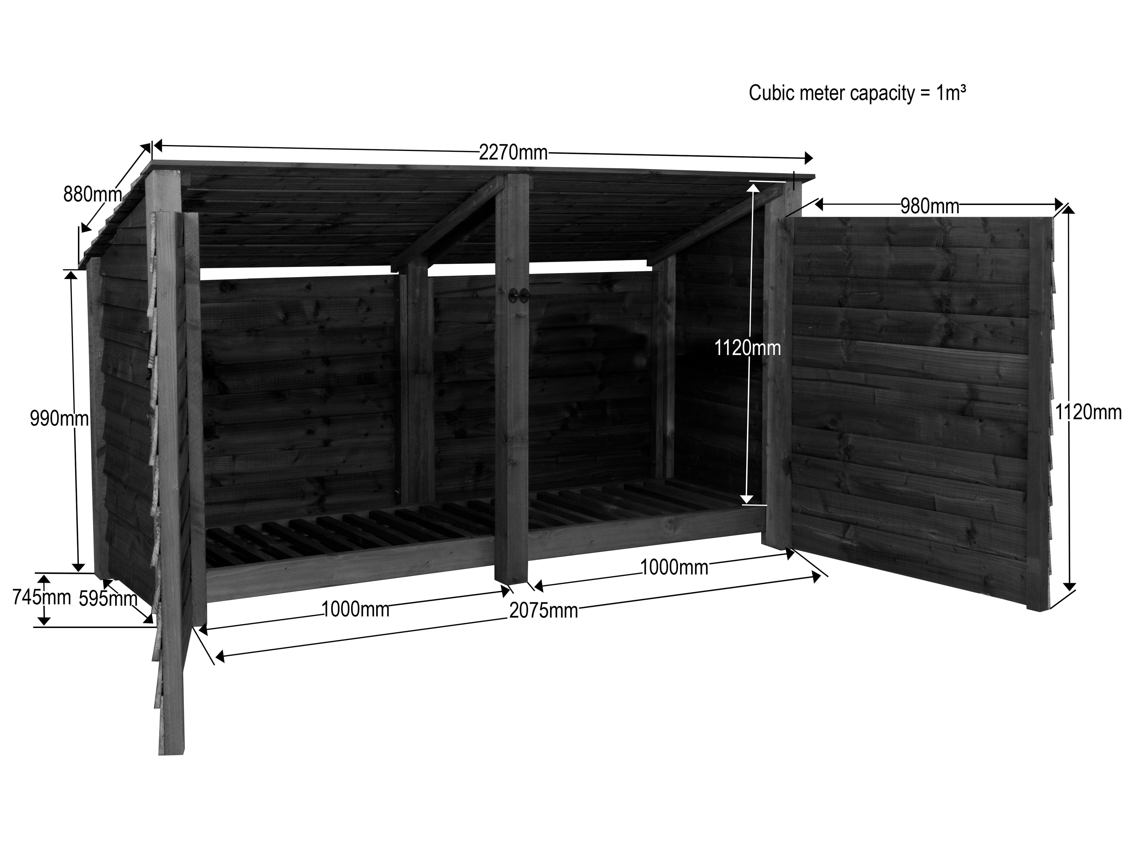 Wooden Log Store (Roof Sloping Back) with Doors W-227cm, H-126cm or 180cm, D-88cm