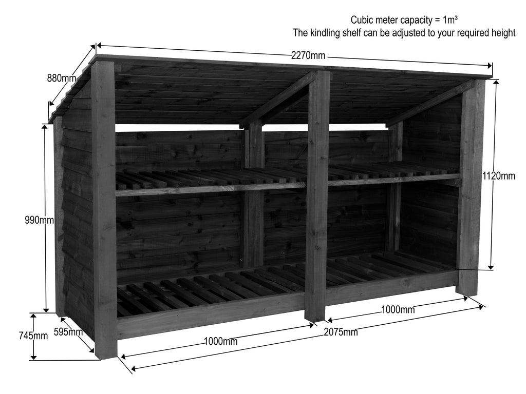 Wooden Log Store (Roof Sloping Back) with Shelf W-227cm, H-126cm or 180cm, D-88cm