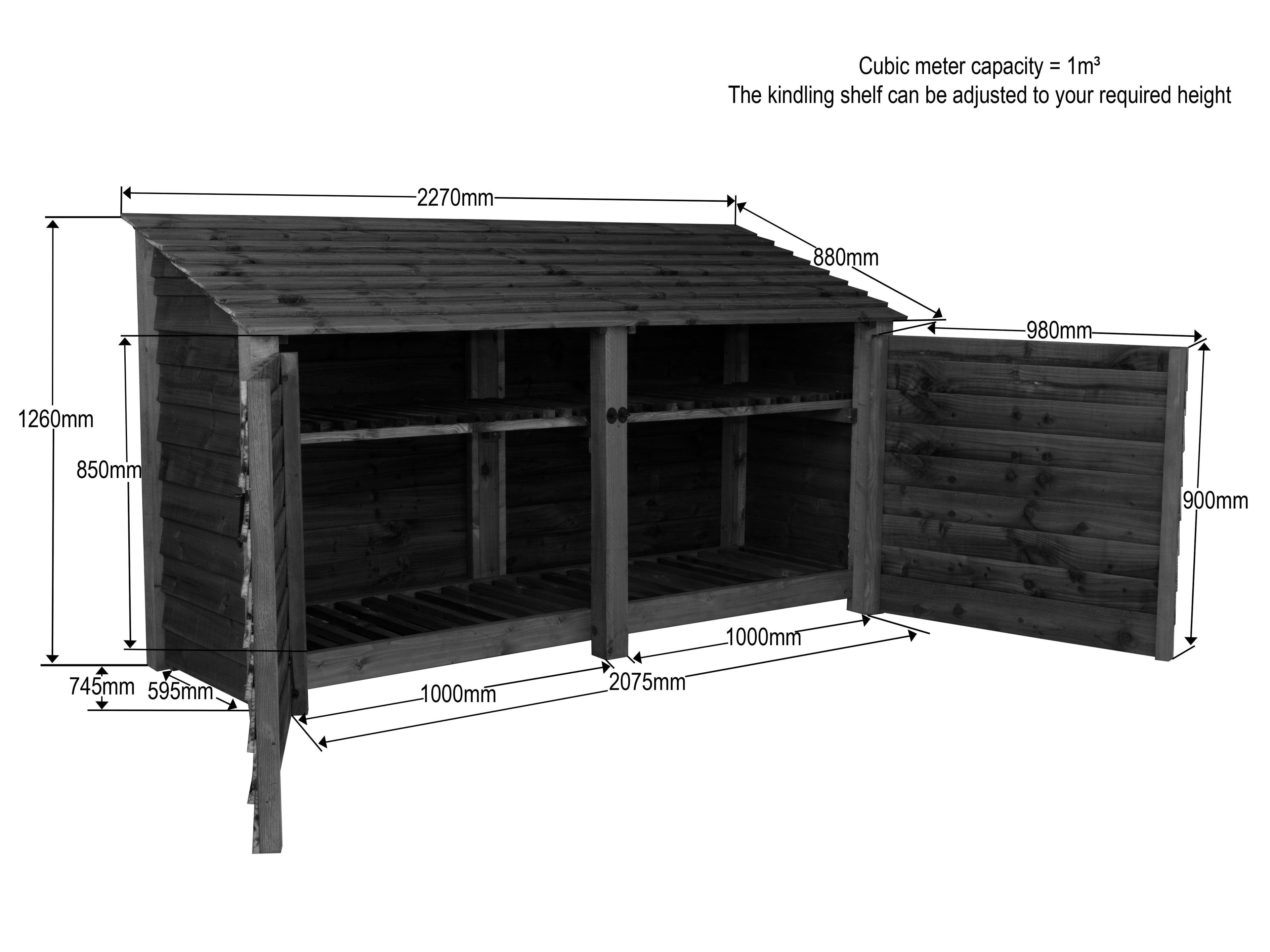 Wooden Log Store with Doors and Shelf W-227cm, H-126cm or 180cm, D-88cm