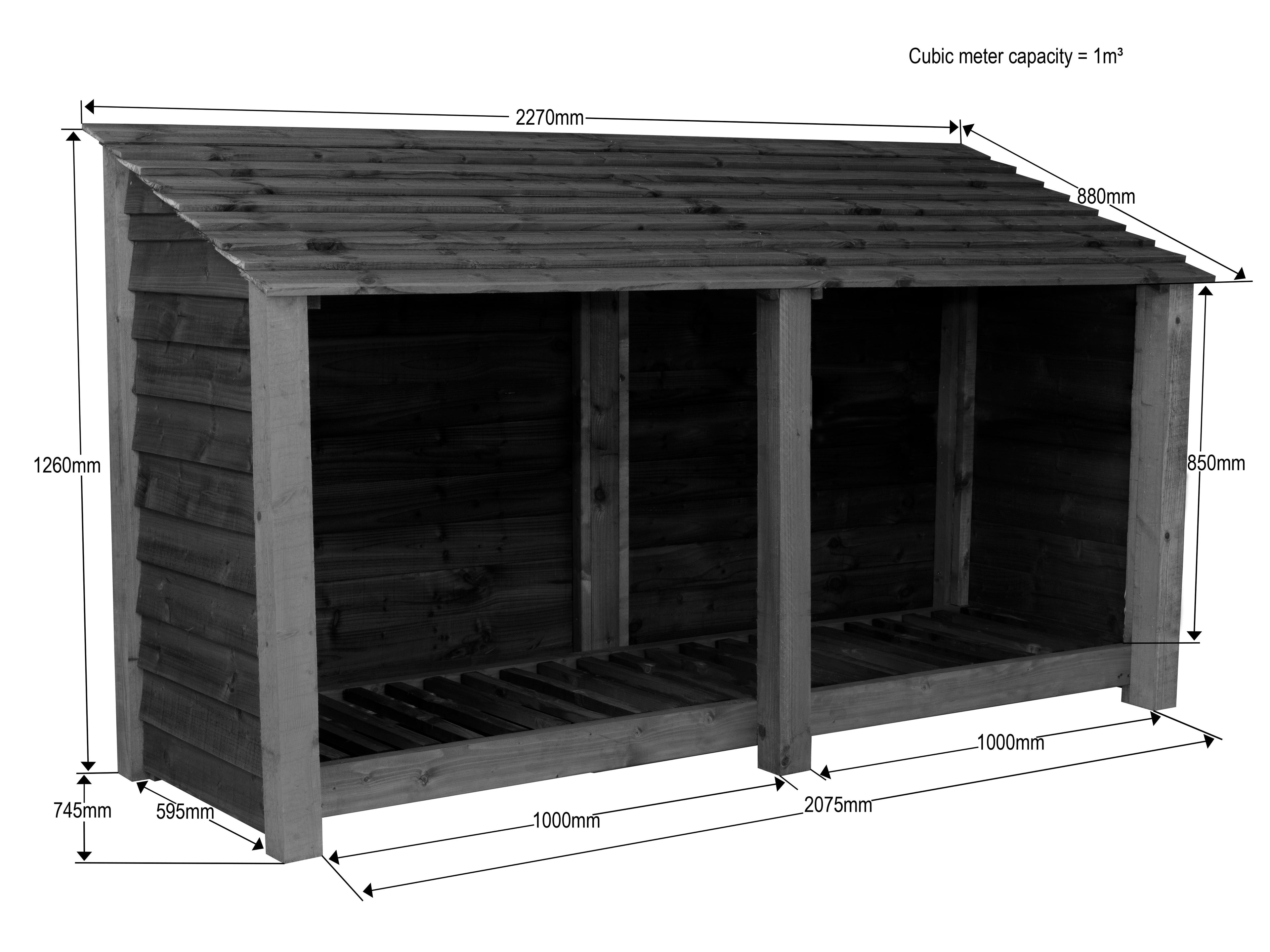 Slatted Wooden Log Store W-227cm, H-126cm or 180cm, D-88cm - Brown Finish