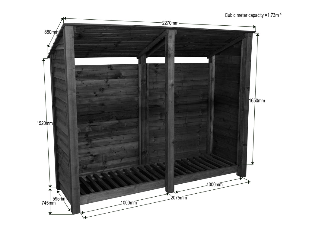 Wooden Log Store (Roof Sloping Back) W-227cm, H-126cm or 180cm, D-88cm
