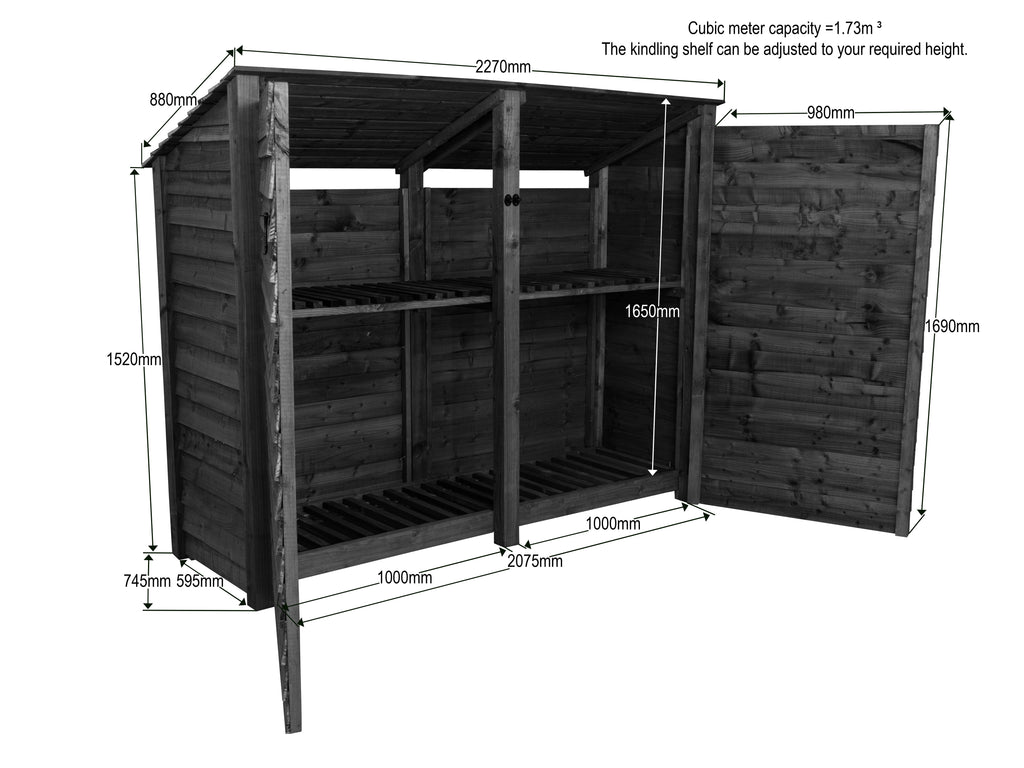 Wooden Garden Tool Storage (Roof Sloping Back) with Shelf W-227cm, H-126cm or 180cm, D-88cm