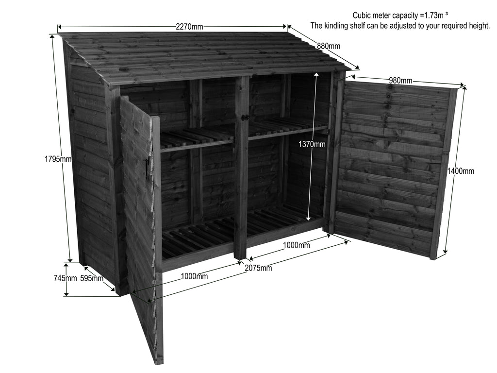 Wooden Garden Tool Storage with Shelf W-227cm, H-126cm or 180cm, D-88cm - Brown Finish