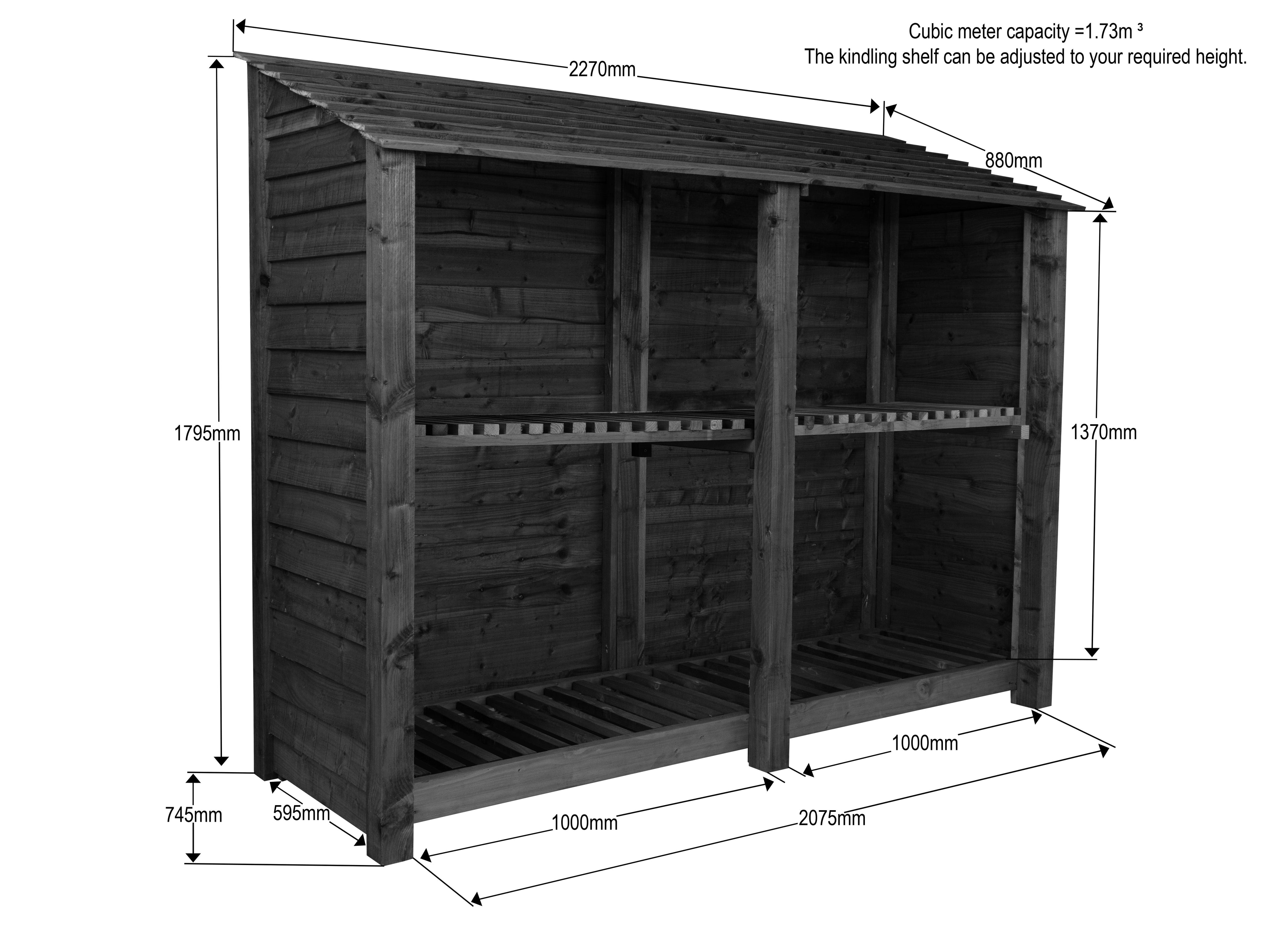 Wooden Log Store with Shelf W-227cm, H-126cm or 180cm, D-88cm