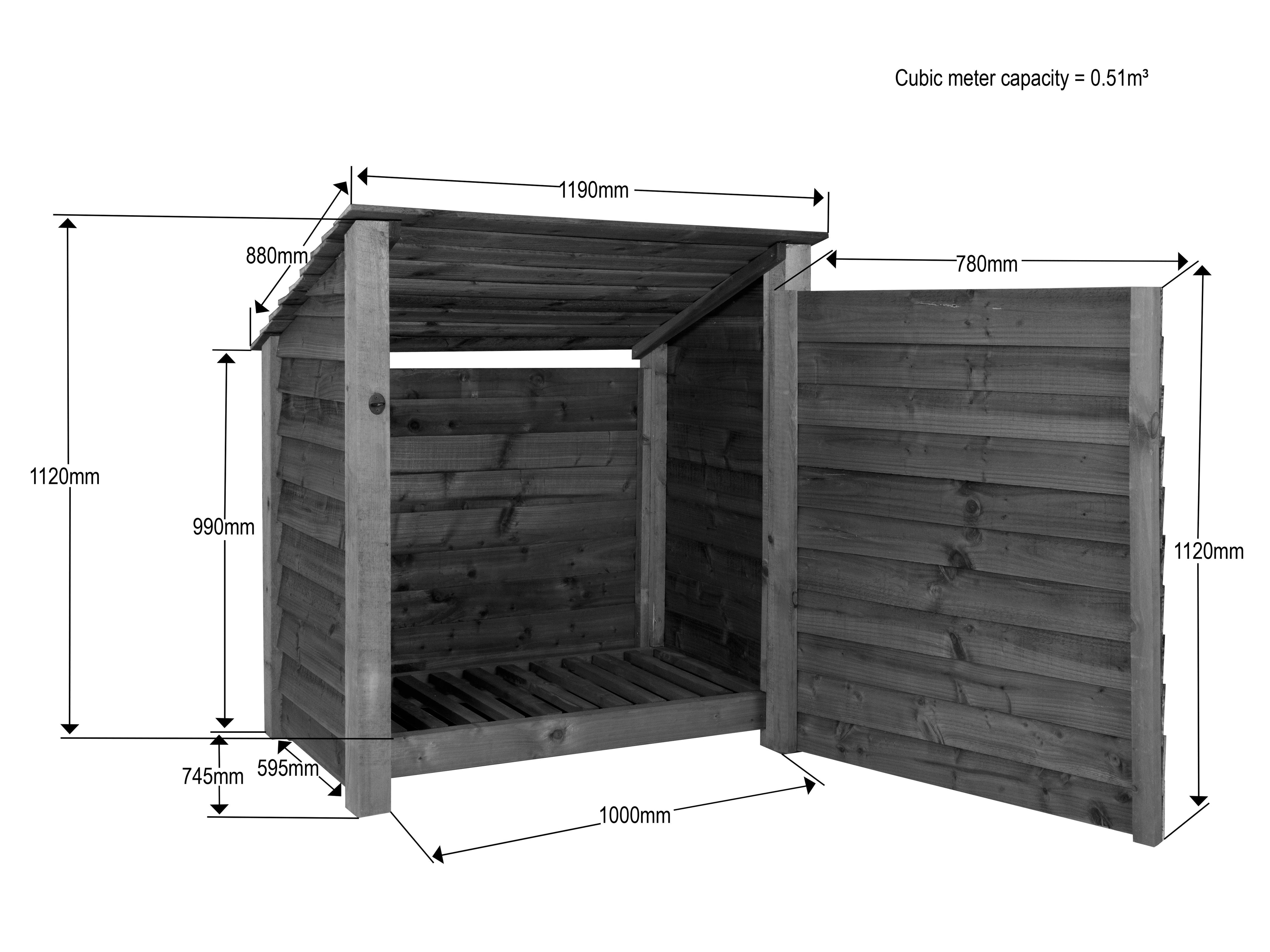 Wooden Garden Tool Storage (Roof Sloping Back) W-119cm, H-126cm or 180cm, D-88cm - Brown Finish
