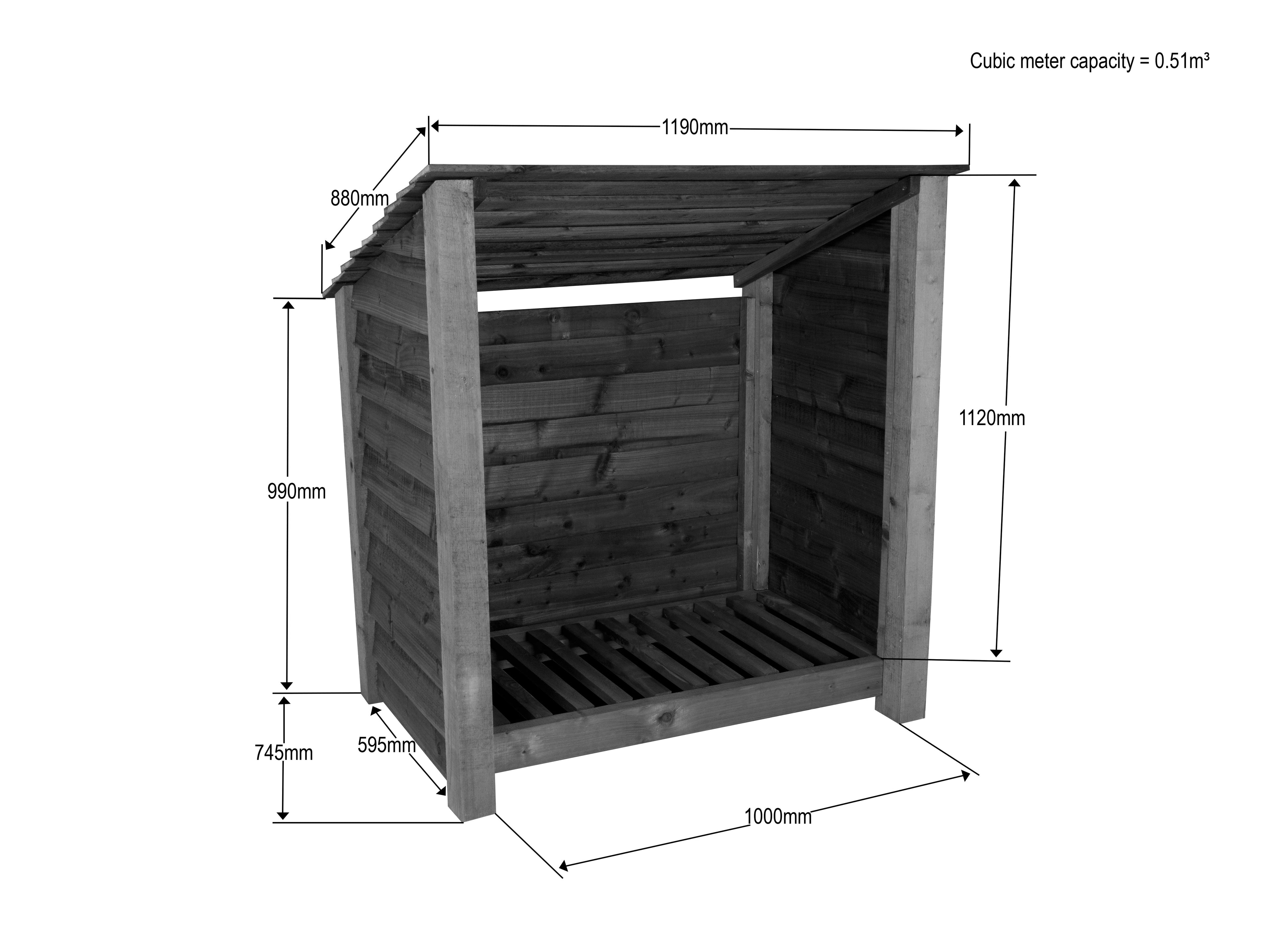Wooden Log Store (Roof Sloping Back) W-119cm, H-126cm Or 180cm, D-88cm