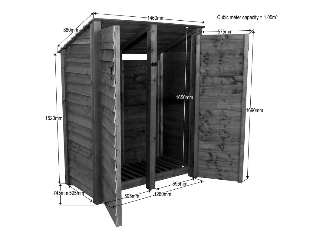 Wooden Log Store (Roof Sloping Back) with Door W-146cm, H-126cm or 180cm, D-88cm - Brown Finish