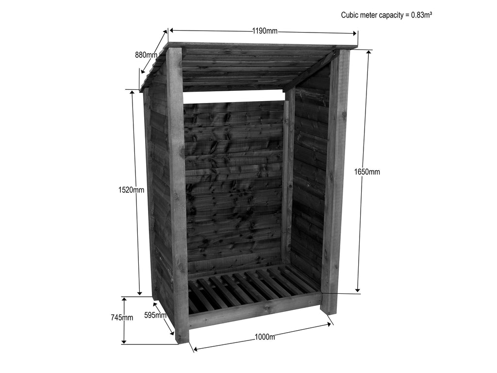 Wooden Log Store (Roof Sloping Back) W-119cm, H-126cm or 180cm, D-88cm - Brown Finish