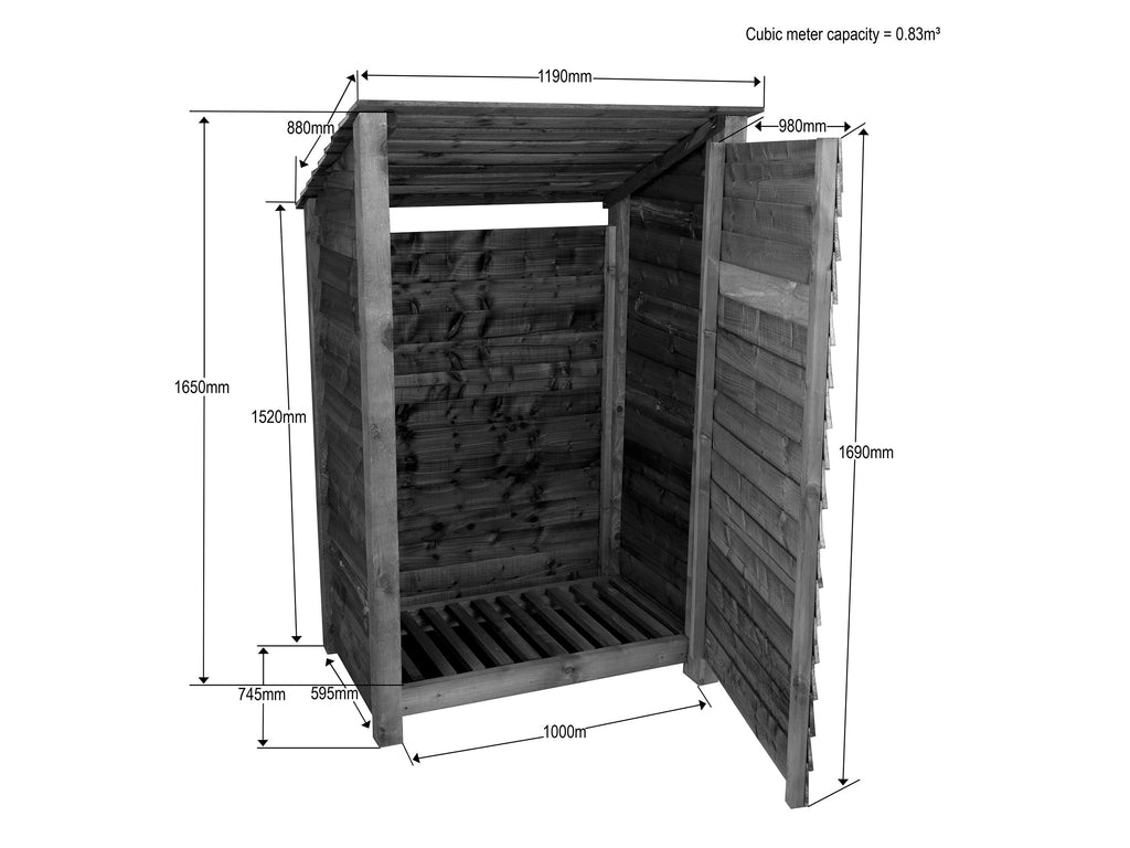 Wooden Log Store (Roof Sloping Back) with Door W-119cm, H-126cm or 180cm, D-88cm - Brown Finish