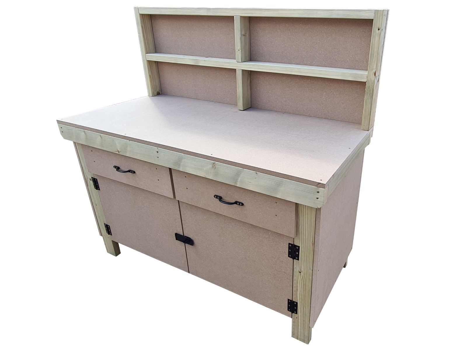 Wooden MDF top storage workbench with lockable cupboard and drawers (V.4) with back