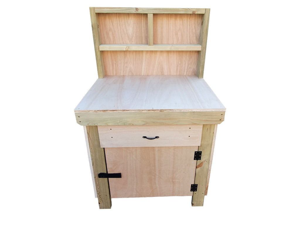 Wooden MDF top storage workbench with lockable cupboard and drawers (V.4) with back