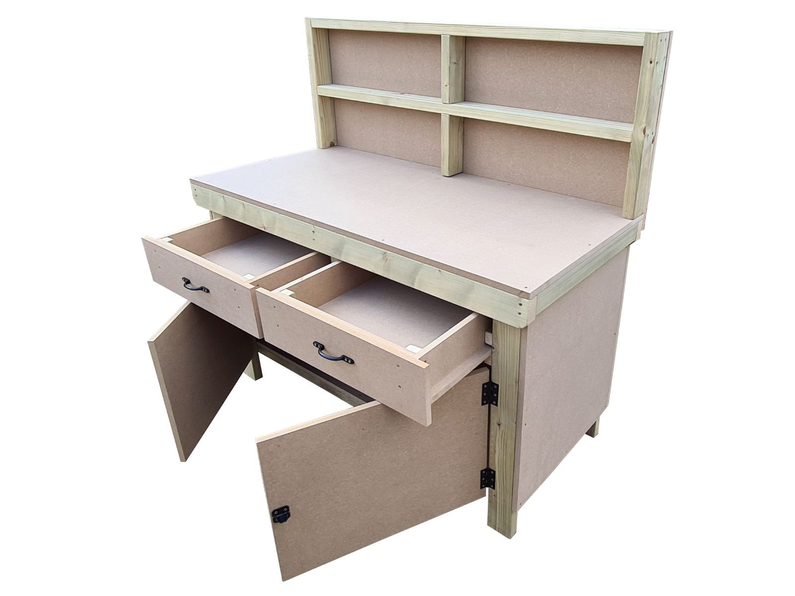 Wooden MDF top storage workbench with lockable cupboard and drawers (V.4) with back