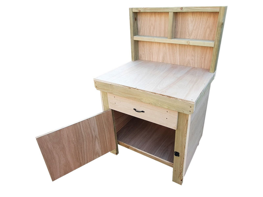 Wooden MDF top storage workbench with lockable cupboard and drawers (V.4) with back