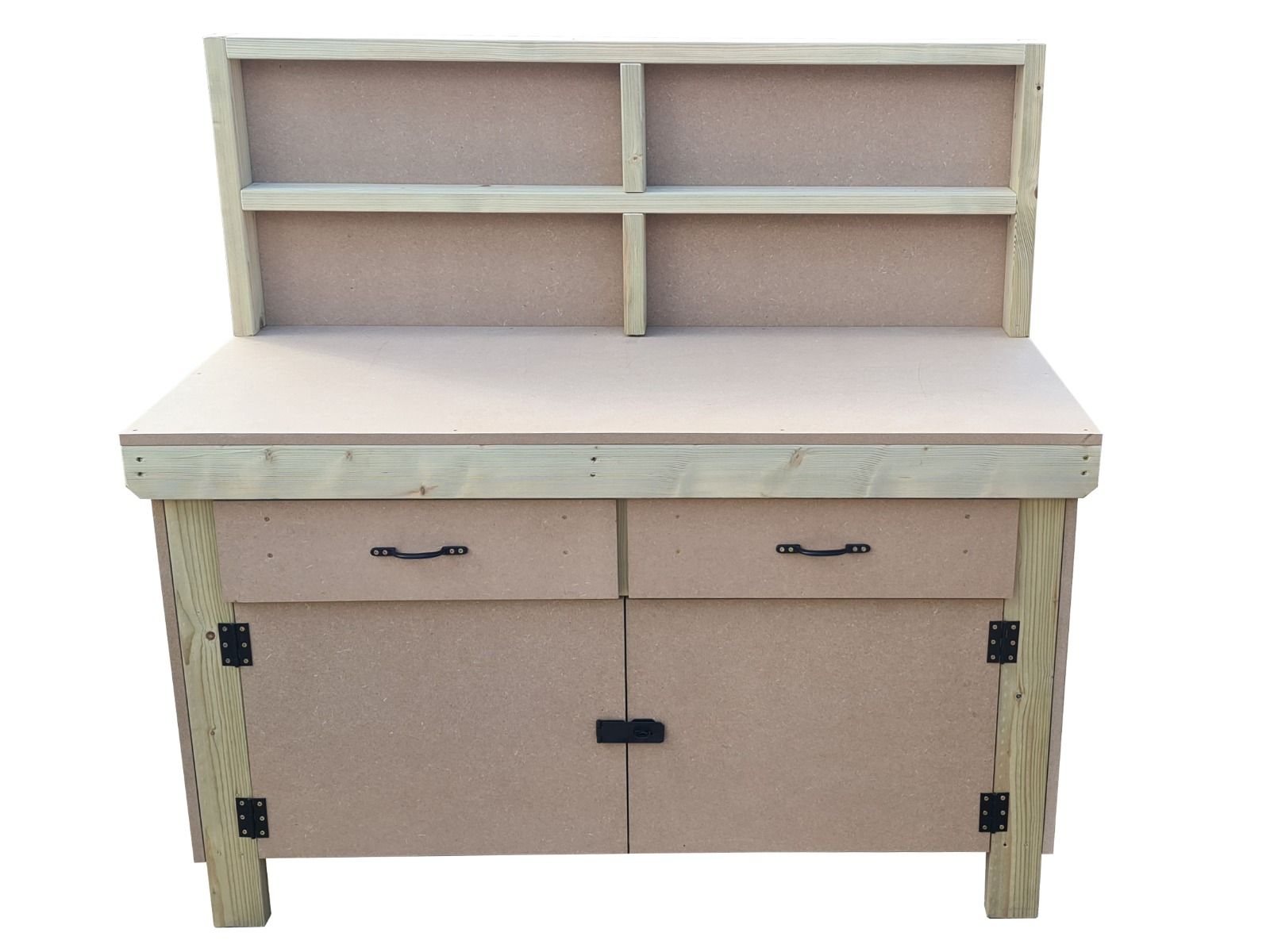 Wooden MDF top storage workbench with lockable cupboard and drawers (V.4) with back