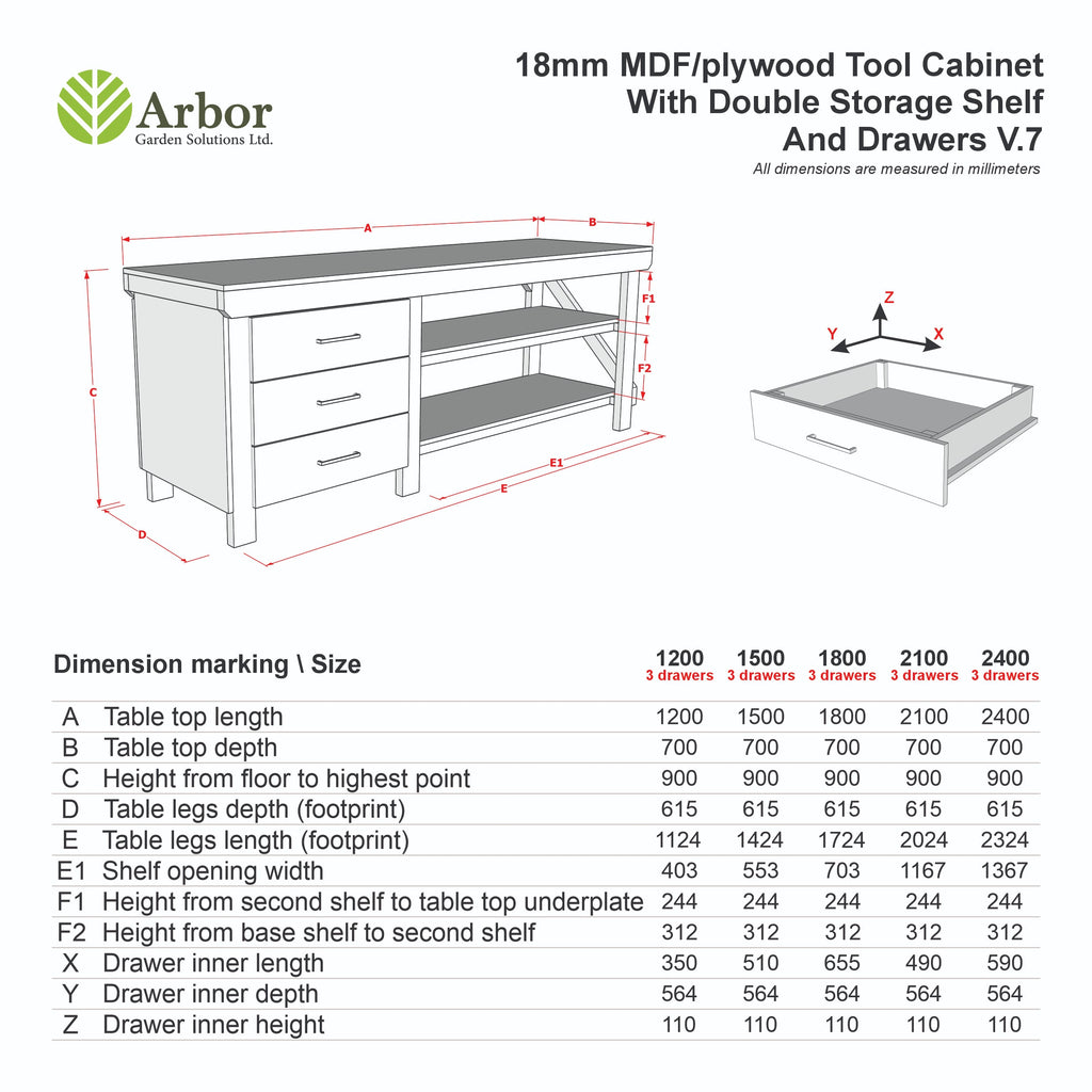 Wooden MDF top tool cabinet workbench with storage shelf (V.7) with double shelf