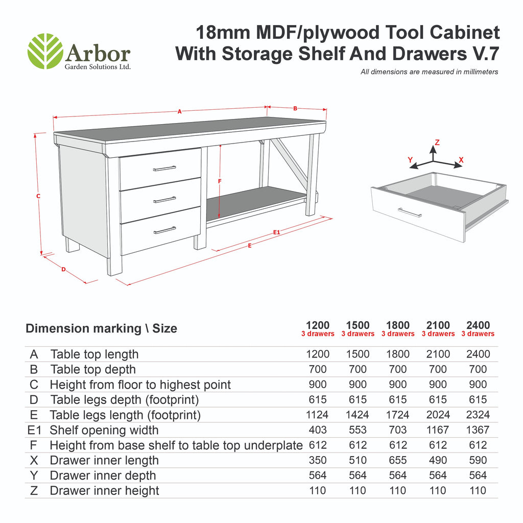 Wooden MDF top tool cabinet workbench with storage shelf (V.7)