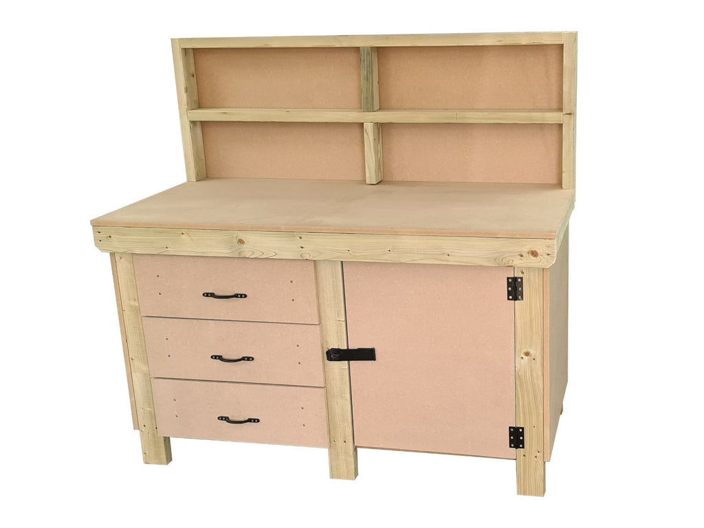 Wooden MDF top workbench, tool cabinet with lockable cupboard (V.3) with back and double shelf