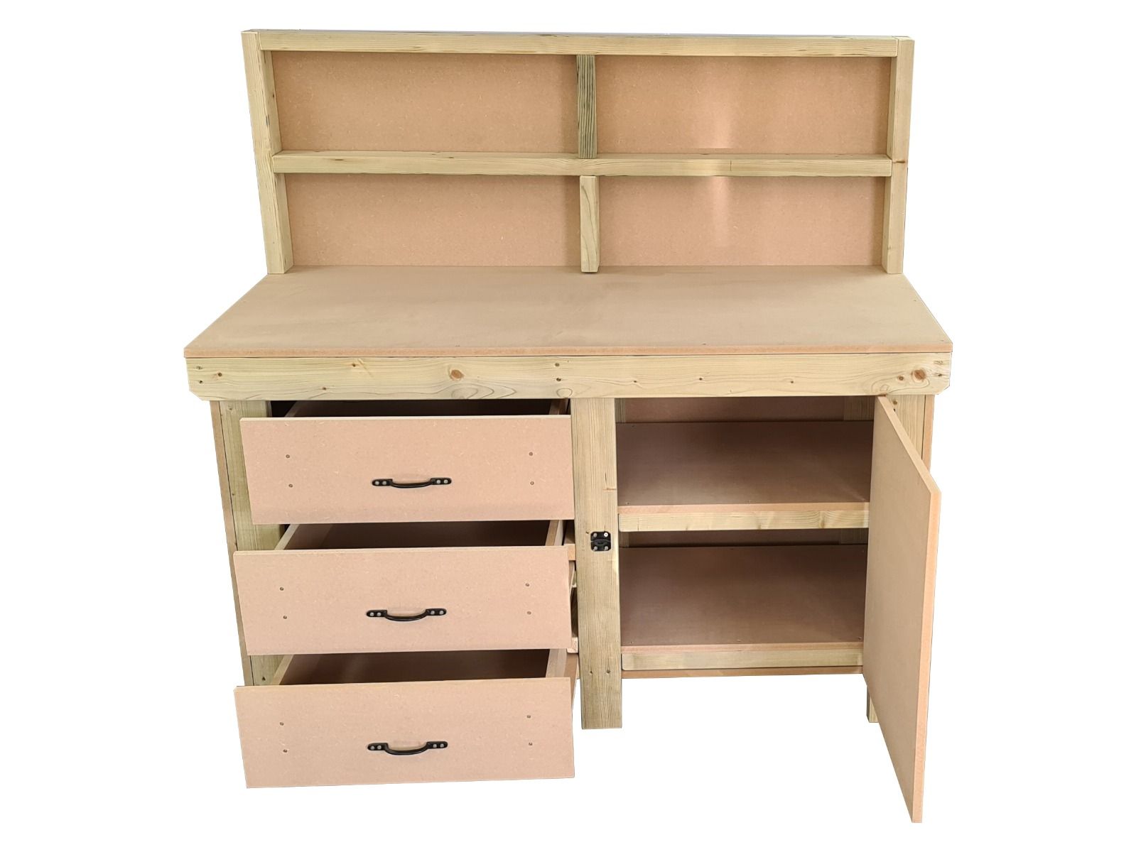 Wooden MDF top workbench, tool cabinet with lockable cupboard (V.3) with back and double shelf