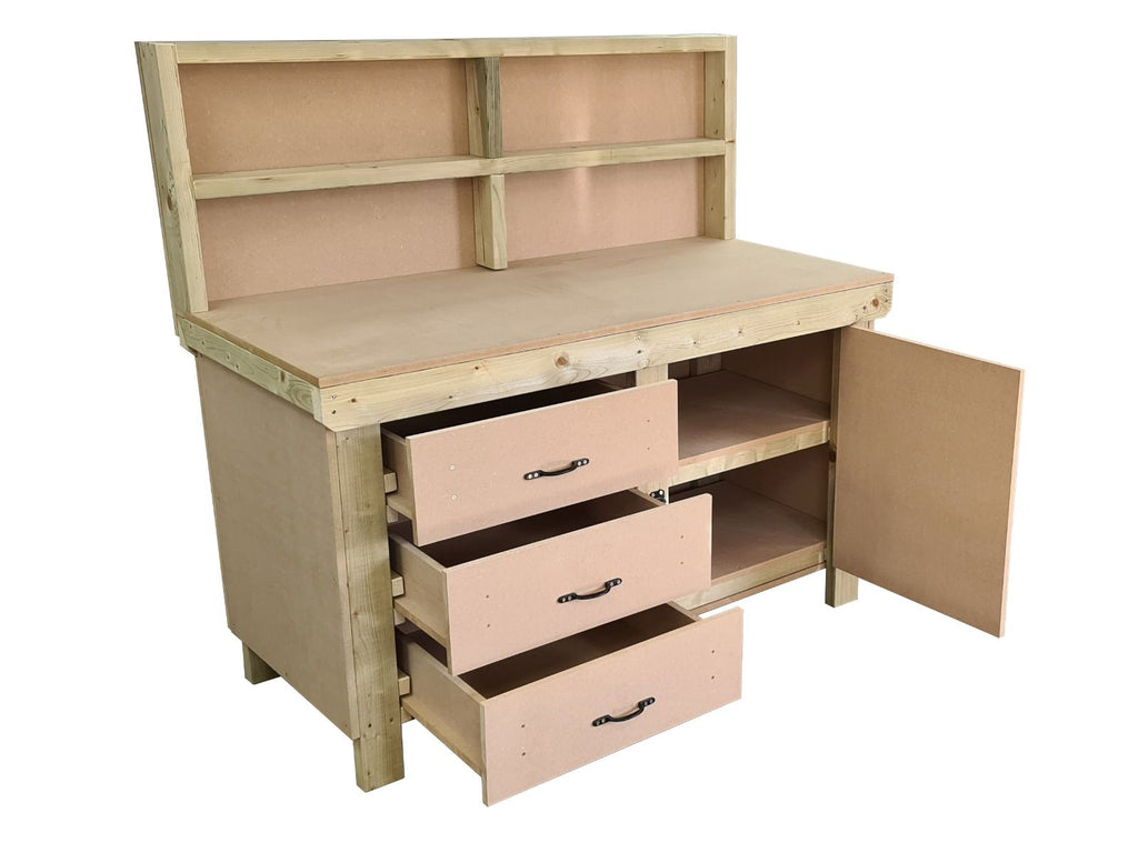 Wooden MDF top workbench, tool cabinet with lockable cupboard (V.3) with back and double shelf
