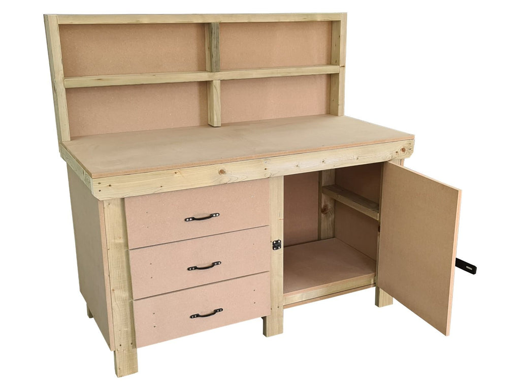 Wooden MDF top workbench, tool cabinet with lockable cupboard (V.3) with back