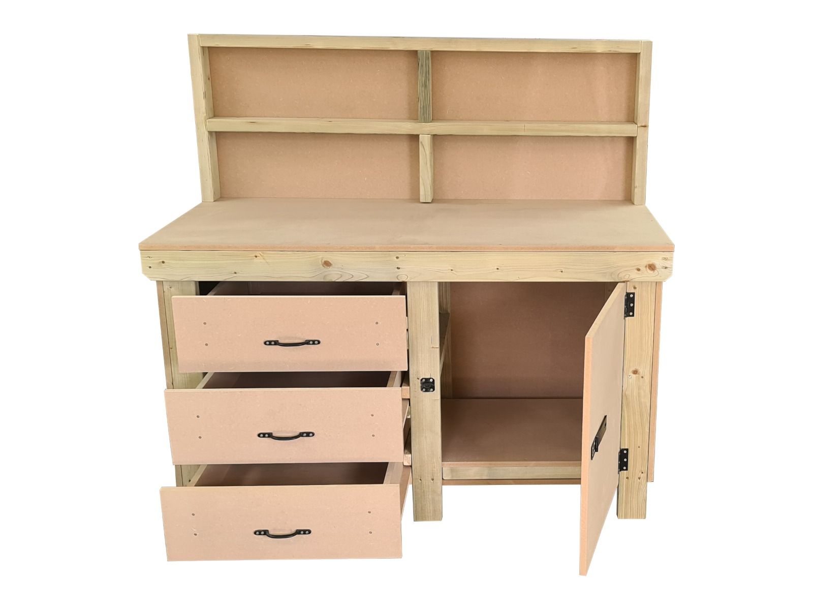 Wooden MDF top workbench, tool cabinet with lockable cupboard (V.3) with back