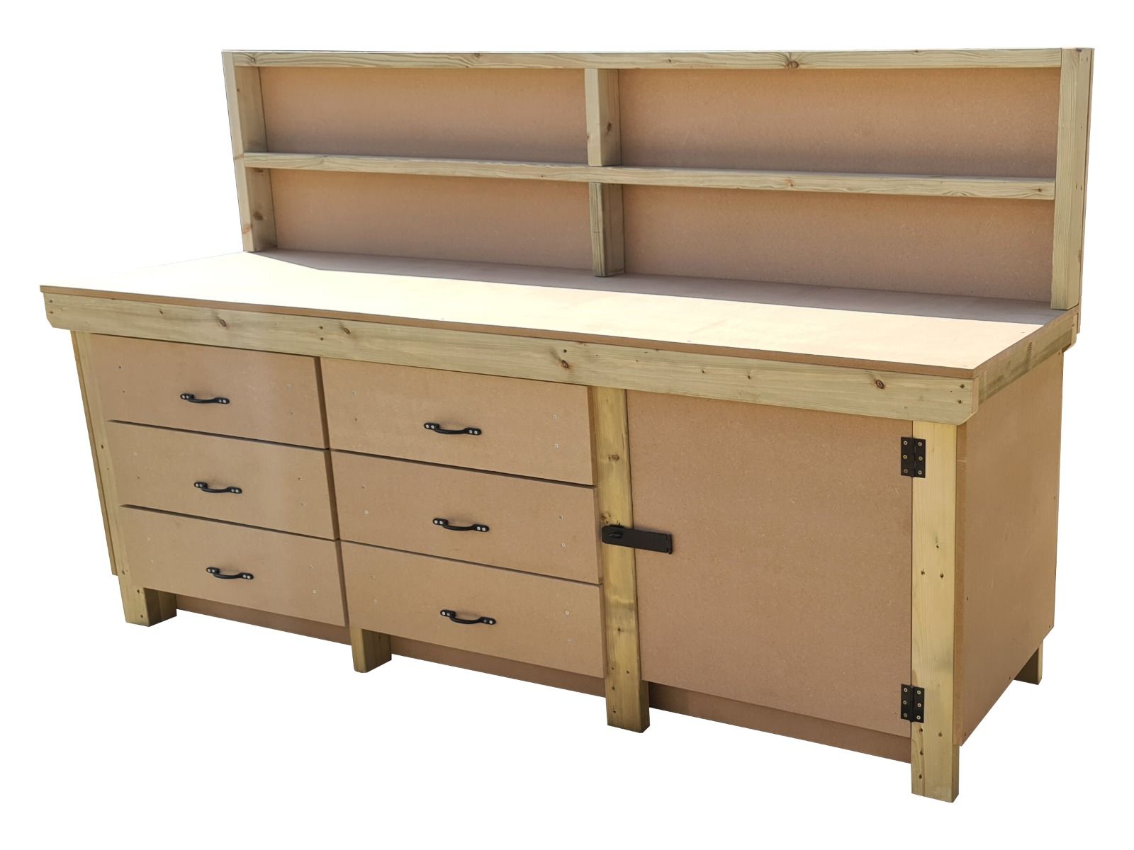 Wooden MDF top workbench, tool cabinet with lockable cupboard (V.3) with back