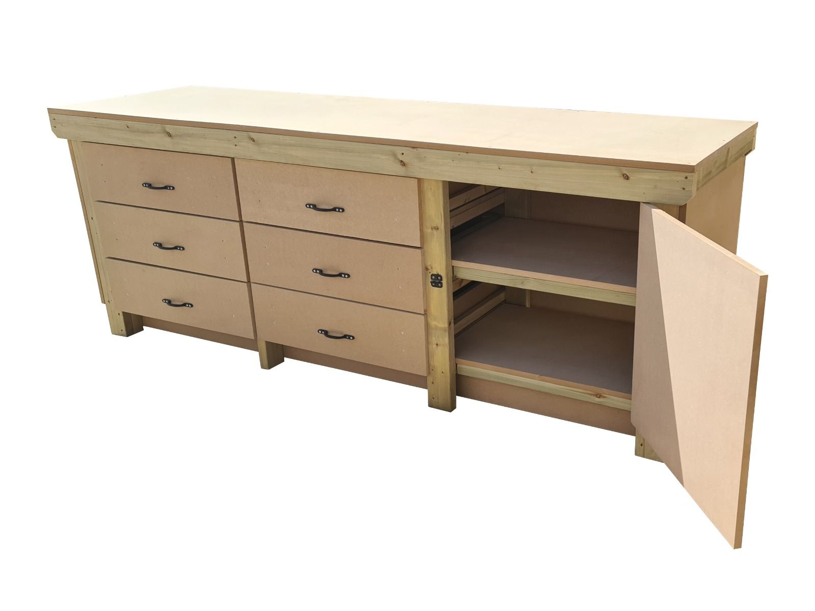 Wooden MDF top workbench, tool cabinet with lockable cupboard (V.3) double shelf