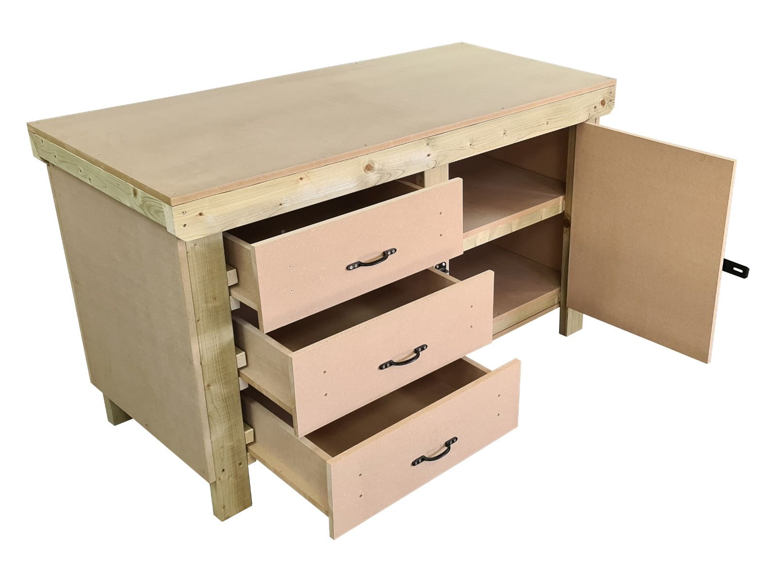 Wooden MDF top workbench, tool cabinet with lockable cupboard (V.3) double shelf