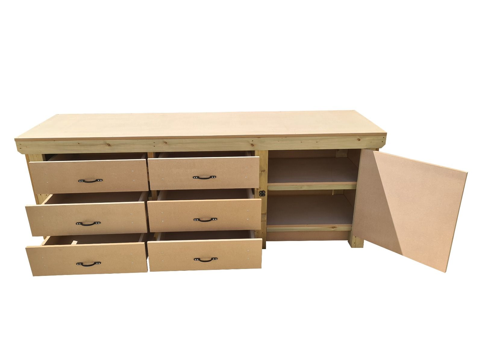 Wooden MDF top workbench, tool cabinet with lockable cupboard (V.3) double shelf