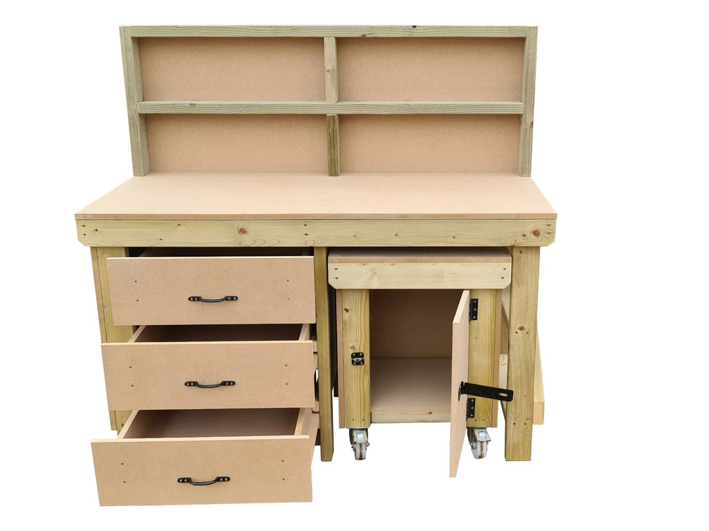 Wooden MDF top workbench with drawers, back panel and functional lockable cupboard (V.6)