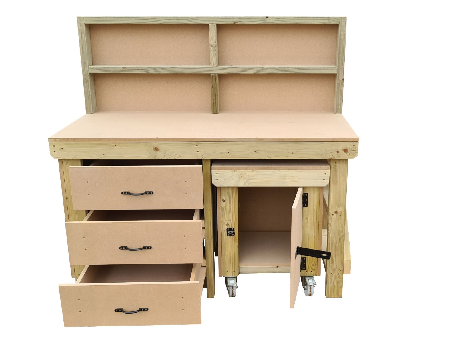 Wooden MDF top workbench with drawers, back panel and functional lockable cupboard (V.6)