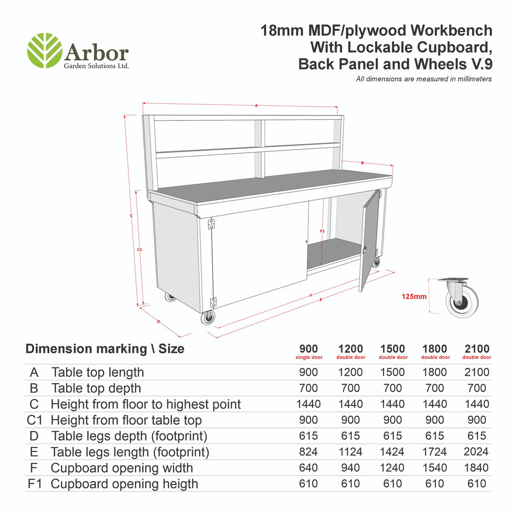 Wooden MDF Top Workbench With Lockable Cupboard (V.9) with back panel and wheels