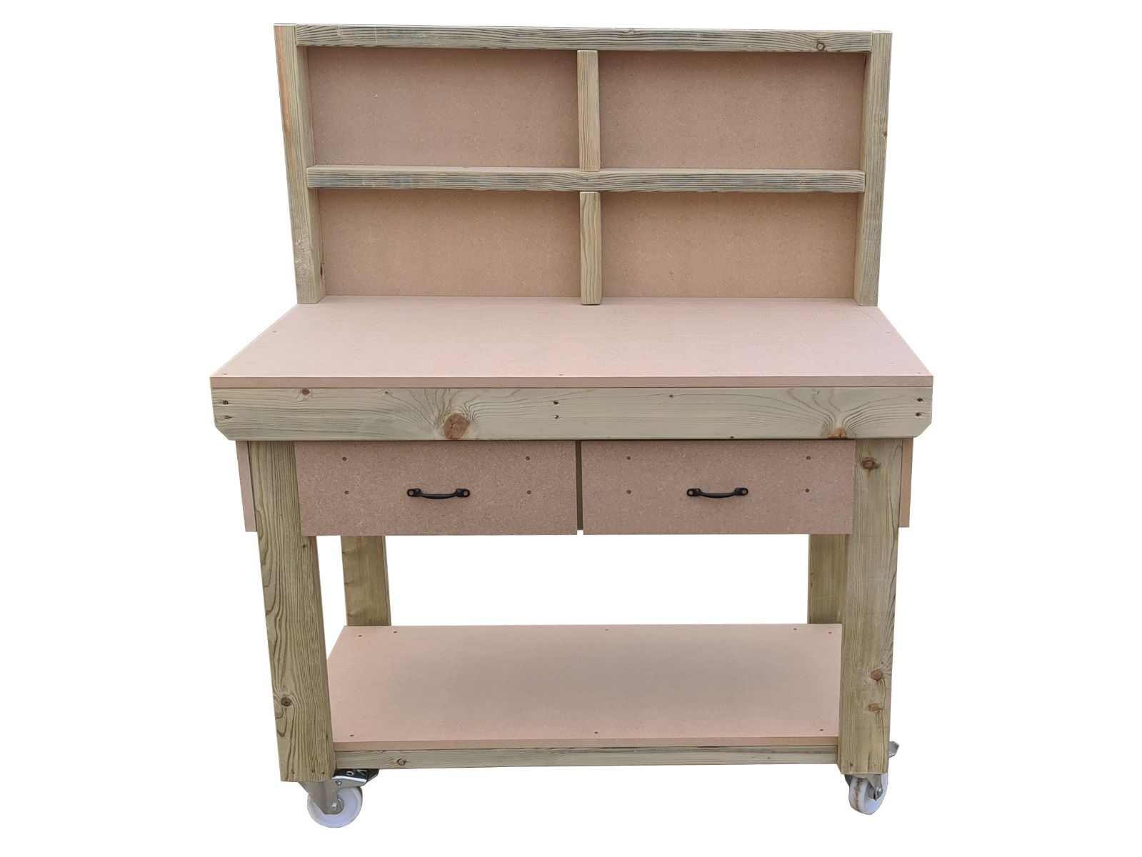 Wooden MDF  workbench, tool cabinet with drawer (V.1) with back and wheels