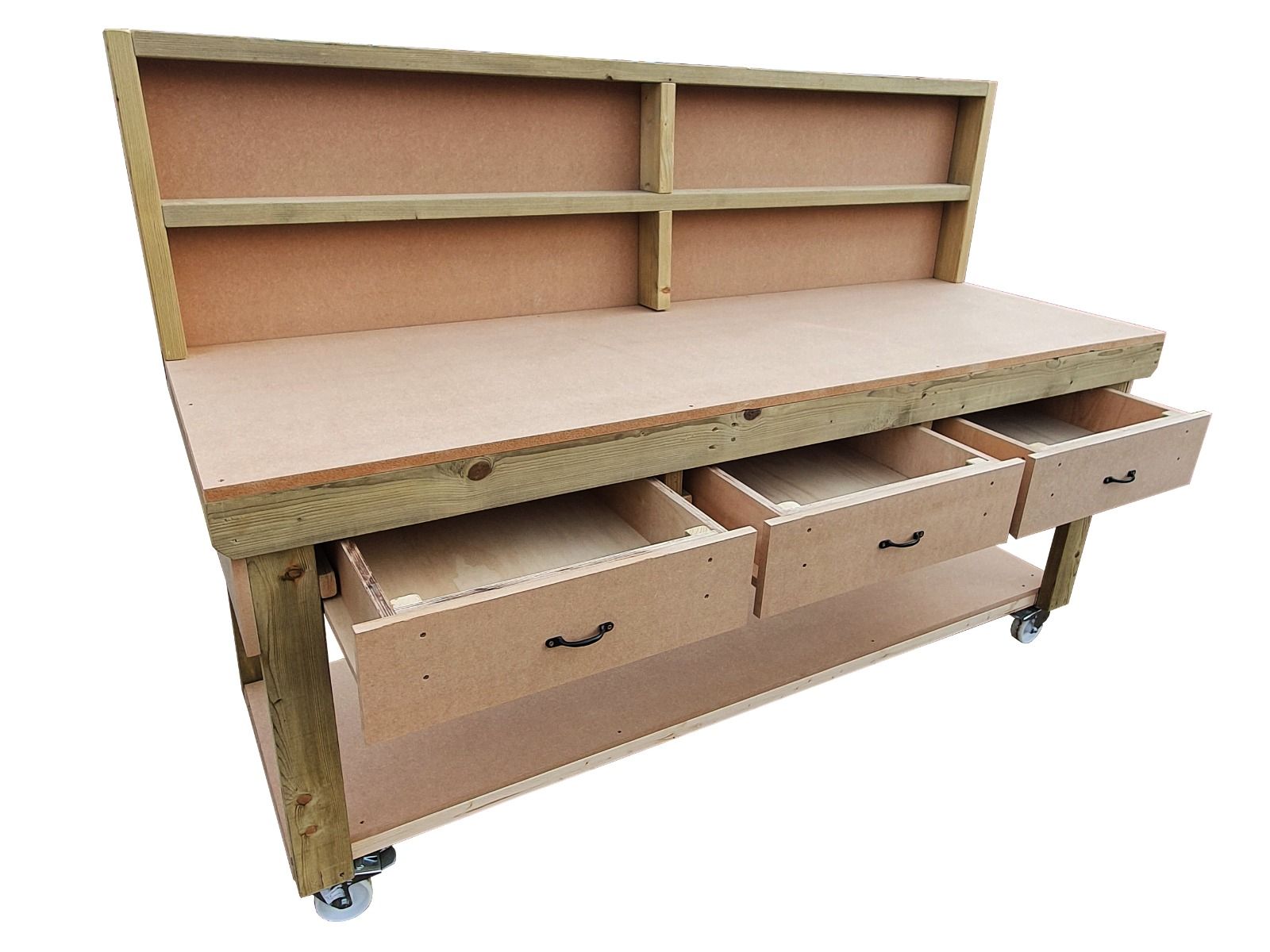 Wooden MDF  workbench, tool cabinet with drawer (V.1) with back and wheels