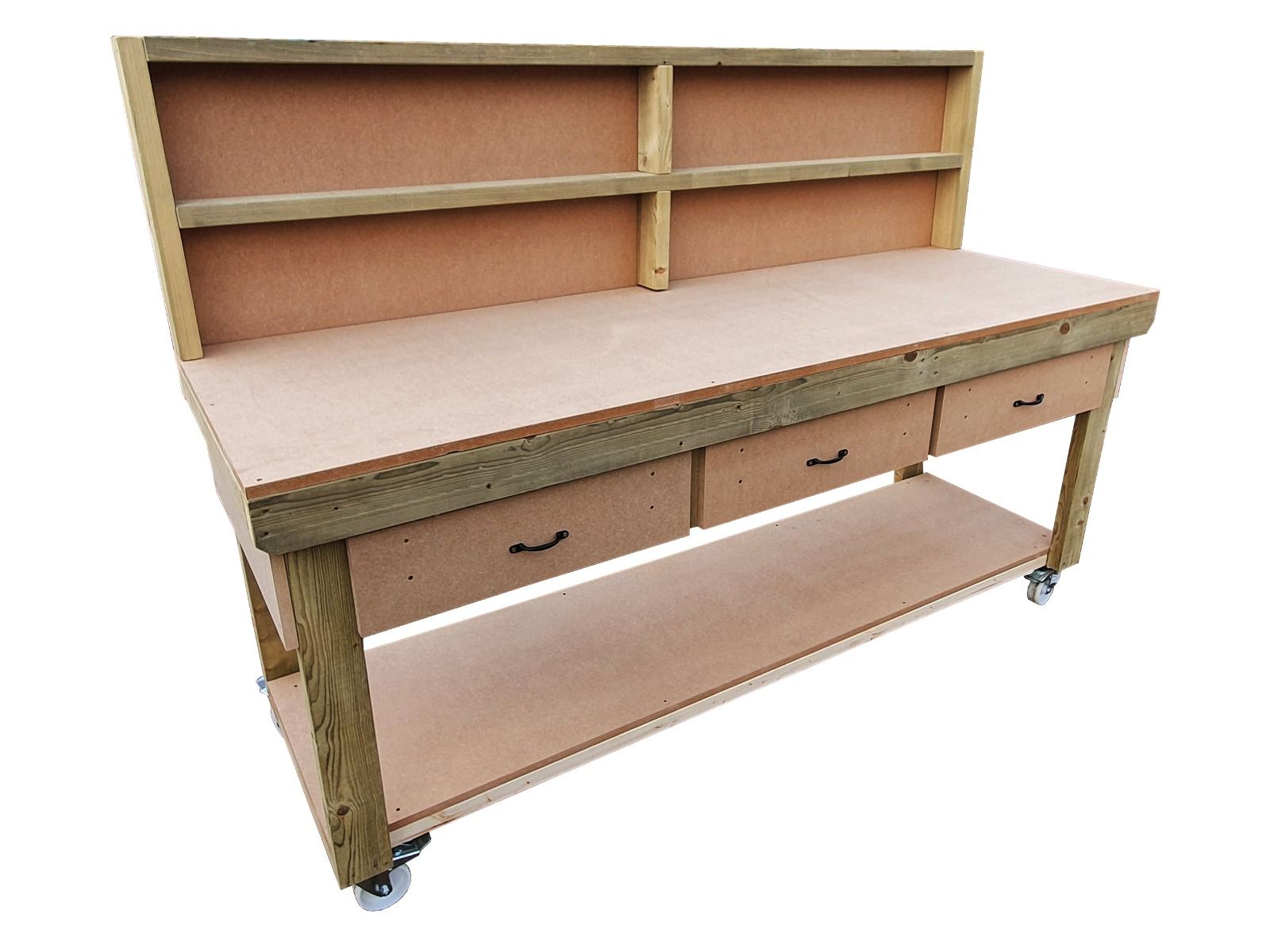 Wooden MDF  workbench, tool cabinet with drawer (V.1) with back and wheels