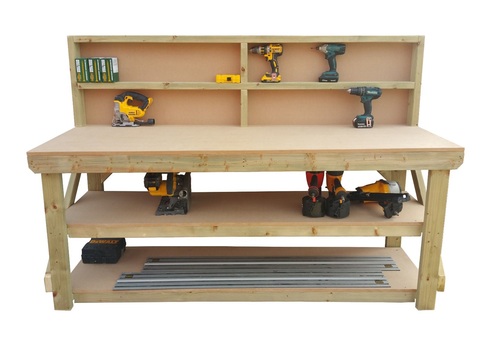 Wooden MDF top workbench with back panel and double shelf