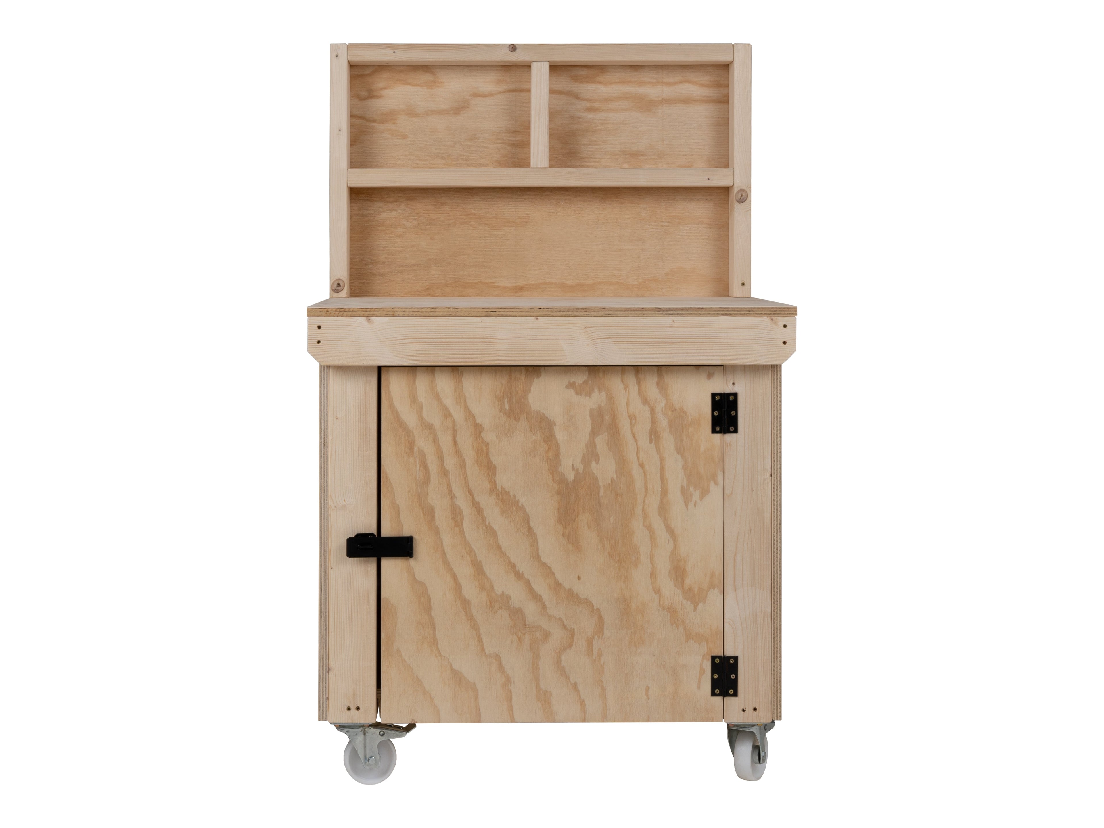Wooden Plywood Top Workbench With Lockable Cupboard (V.9) With back panel, With Wheels