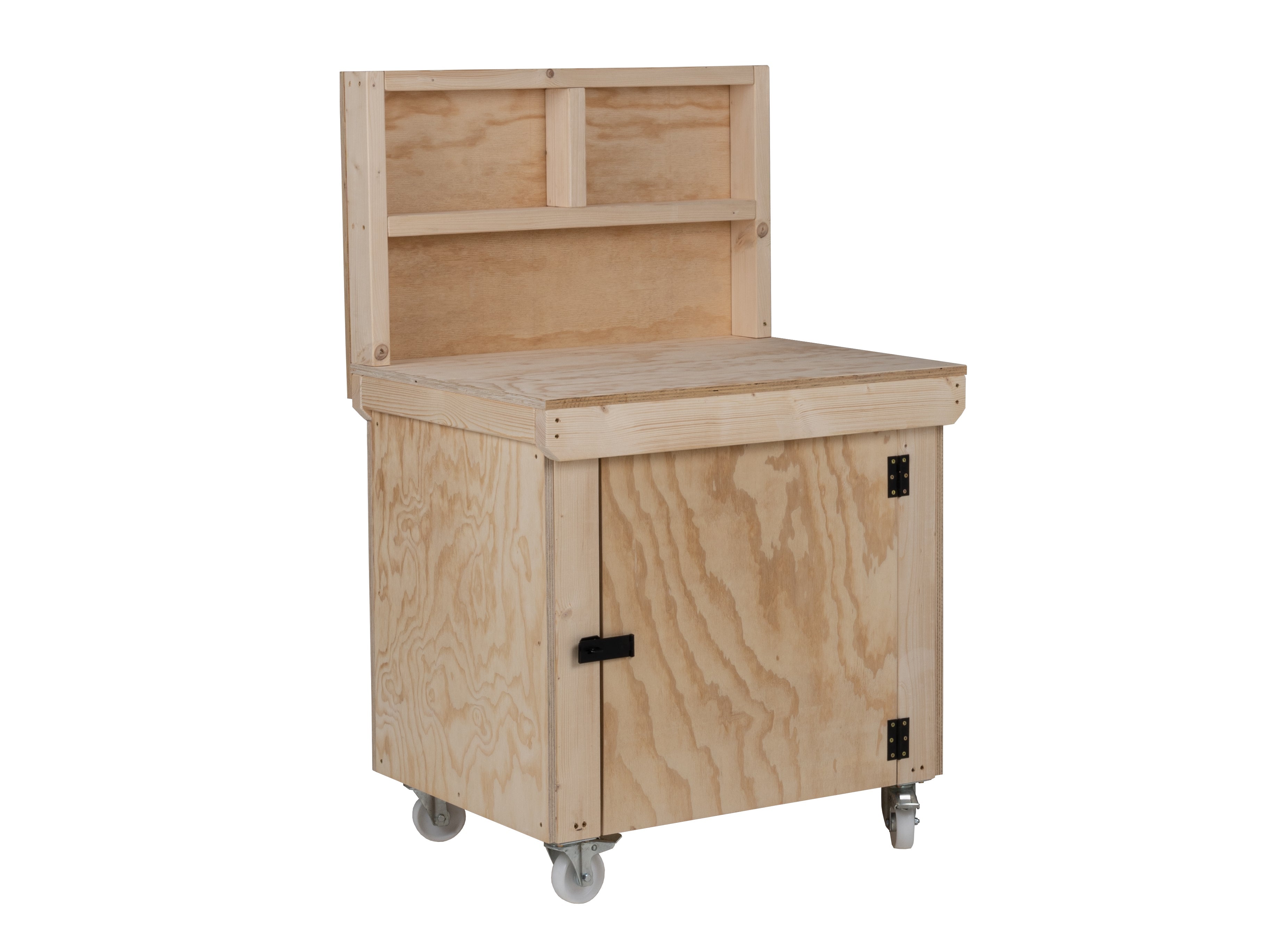 Wooden Plywood Top Workbench With Lockable Cupboard (V.9) With back panel, With Wheels